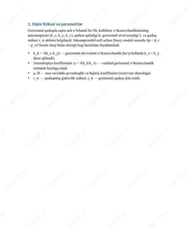 d konversiya koeffitsientlari bilan j_h ni raqamli hisoblab, q = j_h·(p̄_r − p_wf) ni qo‘llang (δp = 6 mpa). 4.2. gaz uchun qisqa misol m(p) ni jadval/korrelyatsiya orqali hisoblab, δm = m(p̄_r) − m(p_wf) topiladi va q_g = c·k_h·l·δm / (ψ + s_h). yuqori tezliklar uchun inertsiya (β) va non-darcy ta’sirlarini qo‘shish kerak. 4.3. amaliy tavsiyalar stvol uzunligini haddan tashqari oshirish har doim ham q ni lineyer oshirmaydi — ψ tez ortadi (logaritmik ta’sir). anizotropiyani kamaytirish (yakuniy perforatsiya/frac dizayni) s_h ni pasaytiradi va j_h ni oshiradi. ipr chizig‘ini quduq testlari (back-pressure, deliverability) bilan tekshirish zarur. gaz quduqlarida ldar va yuqori tezliklar uchun forchheimer tuzatmalarini inobatga oling. qo‘shimcha a: formulalar q_o = [2·π·k_h·l·(p̄_r − p_wf)] / [ μ_o·b_o·(ψ + s_h) ] ψ(l,h,η) ~ ln( (4·l)/(π·r_w) ) + η·ln(h/r_w) − 1 (uzun stvol, chegarasiz soddalashtirish) η = √(k_h/k_v), k_h = √(k_x·k_y) j_h = q / (p̄_r − p_wf); ipr: q = j_h·(p̄_r …