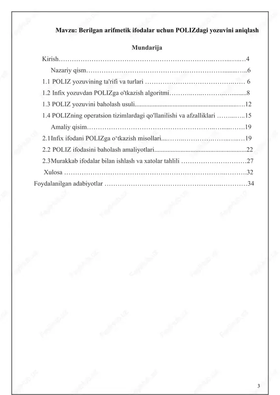 osongina baholash imkonini beradi. masalan, infix shaklidagi (a + b) * c ifodasi polizda a b + c * shaklida yoziladi va stack yordamida bir bosqichda hisoblanadi. bu jarayon nafaqat hisoblashni tezlashtiradi, balki xatolarni kamaytiradi, chunki qavslarning noto‘g‘ri qo‘yilishi yoki operatorlar ustunligini noto‘g‘ri tushunish kabi muammolar polizda deyarli yo‘q. operatsion tizimlar nuqtai nazaridan polizning ahamiyati uning kompilyatorlar va interpretatorlardagi qo‘llanilishida yaqqol namoyon bo‘ladi. zamonaviy operatsion tizimlarda, masalan, linux, windows yoki macos kabi tizimlarda, kompilyatorlar ifodalarni mashina kodiga aylantirishda polizdan foydalanadi, chunki bu usul xotira va hisoblash resurslarini tejaydi. polizning afzalliklari orasida qavslar keraksizligi, operatorlarning aniq joylashuvi va stack asosidagi chiziqli hisoblash tufayli hisoblash jarayonining soddaligi kiradi. masalan, hewlett-packard kompaniyasining kalkulyatorlari (hp-35, hp-48) va forth, postscript kabi dasturlash tillari to‘liq poliz yozuviga asoslangan bo‘lib, bu ularning yuqori samaradorligini ta’minlaydi. shuningdek, poliz ma’lumotlarni qayta ishlash tizimlarida, masalan, sql so‘rovlarini optimallashtirishda, grafik protsessorlarida (gpu) va hatto kvant kompyuterlarining dastlabki algoritmlarida qo‘llaniladi. poliz yozuvining …