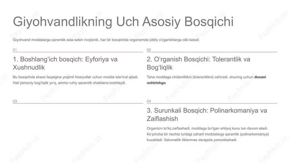 oila kabi bolani xavfdan himoya qila olmaydi. sog‘lom muhit va ochiq muloqot kalit hisoblanadi. sog‘lom muhit oilada ishonch va qo‘llab-quvvatlash muhitini yaratish. bolaga bo‘lgan qiziqish va g‘amxo‘rlikni ko‘rsatish. ogohlantirish va ta’lim zararli odatlar haqida yoshlarni samimiy ogohlantirish va moddalarning real oqibatlarini tushuntirish. ijtimoiy faoliyat maktab va jamoat tashkilotlari bilan birgalikda sport va madaniy tadbirlarni ko‘paytirish orqali yoshlarning bo‘sh vaqtini mazmunli tashkil etish. 8 giyohvandlikdan qutulishning asosiy yo‘llari qutulish — bu uzoq va qiyin jarayon, lekin mumkin bo‘lgan yo‘l. eng muhimi — birinchi qadamni qo‘yish. 1 tibbiy detoksifikatsiya va davolash 2 psixologik reabilitatsiya 3 guruhli terapiya (masalan, anonim giyohvandlar) 4 ijtimoiy dasturlar va qo‘llab-quvvatlash shaxsiy iroda va o‘zgarish istagi davolanishning 50 foizini tashkil etadi. atrofdagilarning to‘g‘ri munosabati va yordami esa bu yo‘lda muhim kuch beradi. 9 xulosa: faol kurash va sog‘lom kelajak birgalikda harakat qilaylik! muammoni tan olish: giyohvandlik va toksikomaniya yengilmas dushman emas, ammo u har bir shaxs va jamiyatdan …