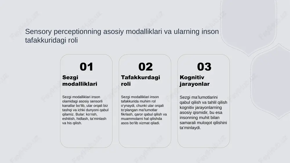 di. 4 madaniy ta'sir - madaniyat va ijtimoiy muhit murakkab idrok shakllarining rivojlanishida muhim rol o'ynaydi, ular inson tafakkurining xilma-xilligi va o'ziga xosligini ta'minlaydi. madaniy farqlar va kognitiv jarayonlarning shakllanishi madaniy farqlar kognitiv shakllanish madaniyatlararo ta'sir madaniyatlar kognitiv jarayonlarga ta'sir qiluvchi muhim omil hisoblanadi. ular insonlarning fikrlash uslublarini, muammo yechish va qaror qabul qilish tarzini shakllantiradi. madaniy muhit va an'analar insonning tafakkur shakllanishiga ta'sir qiladi. bu jarayon madaniyatga xos fikrlash va xotira tizimlarini rivojlantiradi. turli madaniyatlar kognitiv jarayonlarning rivojlanishiga ta'sir qiladi. bu farqlar insonlarning dunyoqarashini kengaytiradi va muvofiqlashtiradi. madaniyatlararo tafovutlar va idrok tushunchasining rivojlanishi madaniyatlarning ta'siri idrok va madaniyat rivojlanishi madaniyatlararo farqlar madaniyatlararo tafovutlar, inson idrokiga ta'sir ko'rsatadi. har bir madaniyat o'ziga xos sezgi va tafakkur shakllarini rivojlantiradi, bu esa inson fikrlashining xilma-xilligini ta'minlaydi. madaniyatlar o'zgarishi bilan idrok tushunchasi ham rivojlanadi. bu jarayon, insonlarning dunyoqarashini kengaytirib, an'anaviy va zamonaviy tafakkur usullarini birlashtiradi. madaniyatlararo tafovutlar, insonlarning sezgi va tafakkur mexanizmlarini farqlashda …