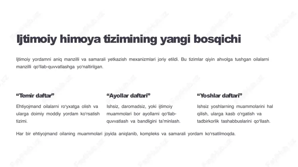 samaradorligi kambag‘allikni qisqartirish bo‘yicha aniq mexanizmlar joriy etildi va ijobiy natijalar kuzatilmoqda. aholining ijtimoiy barqarorligi va ertangi kunga bo‘lgan ishonchini mustahkamlashga erishildi. fuqarolarning hayot darajasi va davlatga bo‘lgan ishonchini oshirish ijtimoiy siyosatning bosh maqsadi bo‘lib qolmoqda. 9 xulosa: ijtimoiy sohada davlat siyosatining yangi bosqichi o‘zbekiston ijtimoiy siyosatda inson manfaatlarini markazga qo‘ygan zamonaviy tizim yaratishda davom etmoqda, bu esa uning xalqaro obro'sini yanada oshirmoqda. 1 inson manfaatlari markazda siyosatning asosiy ustuvorligi fuqaro ehtiyojlari va farovonligini ta’minlash. 2 adolat va farovonlik “yangi o‘zbekiston” strategiyasi orqali ijtimoiy adolat va farovonlikni yanada oshirishga intilish. 3 barqaror kelajak har bir fuqaro uchun barqaror va farovon kelajak sari ishonchli, tizimli qadamlar. 10 image1.png image2.png image3.png image4.png image5.svg image6.png image7.svg image8.png image9.svg image10.png image11.png image12.png image13.png image14.svg image15.png image16.svg image17.png image18.svg image19.png image27.png image28.svg image20.png image21.png image22.svg image23.png image24.svg image25.png image26.svg image29.png