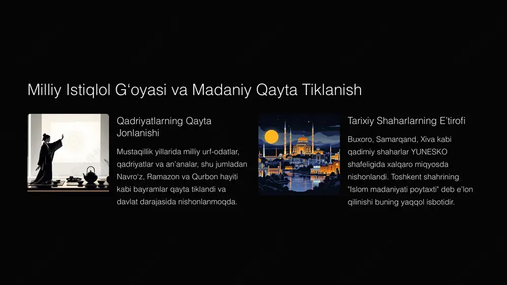 ustaqil o‘zbekistonning ijtimoiy-iqtisodiy barqaror rivojlanishining asosiy omilidir. fuqarolik faolligi: har bir fuqaro milliy ma’naviy qadriyatlarni asrash, targ‘ib qilish va rivojlantirishda faol ishtirok etishi, o‘zining madaniy saviyasini oshirishi zarur. umumiy maqsad: birgalikda yuksak ma’naviyatli, madaniy jihatdan boy va barkamol jamiyat qurishga intilaylik! 10 image1.png image2.png image3.png image4.png image5.png image6.png image7.svg image8.png image9.png image10.png image11.svg image12.png image13.svg image14.png image15.svg image16.png image17.png image18.svg image19.png image20.svg image21.png image22.svg image23.png image24.png image25.png image26.png image27.png