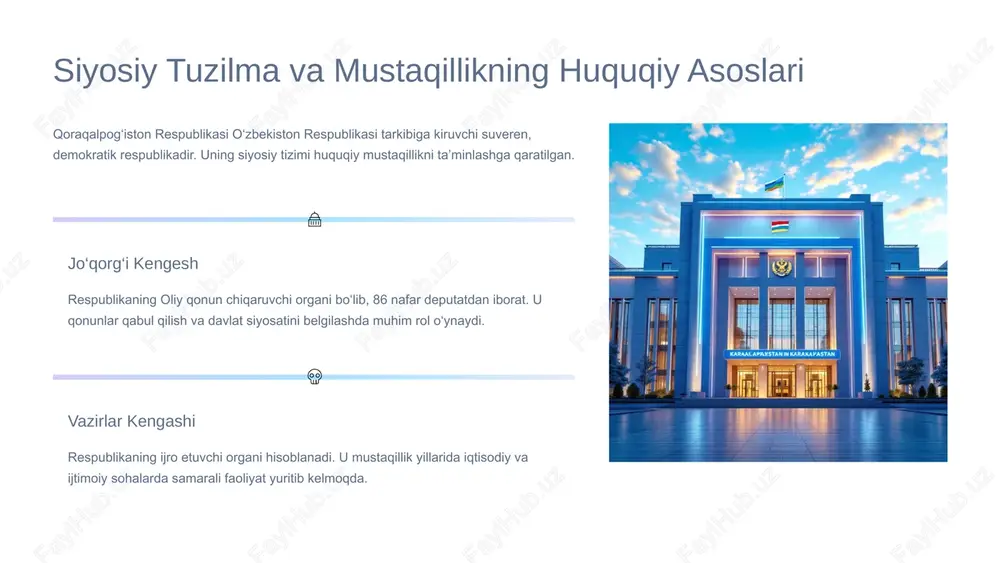 g dolzarb muammosi bo‘lib qolmoqda, ammo davlat bu borada keng ko‘lamli choralar ko‘rmoqda. suvni saqlash va tiklash keng ko‘lamli dasturlar inqirozni tan olish hukumat ekologik holatni yaxshilash maqsadida bmt va xalqaro tashkilotlar bilan hamkorlikda keng ko‘lamli dasturlarni amalga oshirmoqda. bu loyihalar qurg‘oqchilikka chidamli o‘simliklar ekish, suv resurslarini tejash va hududning ekotizimini tiklashga qaratilgan. suv resurslarini tejash va qayta tiklash bo‘yicha zamonaviy sug‘orish usullari va inshootlari joriy etilmoqda. masalan, tomchilatib sug‘orish tizimlari keng qo‘llanilmoqda. 7 qoraqalpog‘istonning aholisi va madaniy mozaikasi qoraqalpog‘iston madaniyatlar va millatlararo totuvlikning noyob makonidir. hududda yashovchi turli xalqlar tinchlik va totuvlikda yashaydi. 2m+ aholi soni (2024) respublika aholisi 2 milliondan ortiq kishini tashkil etadi. 33% etnik tarkib asosiy etnik guruhlar: qoraqalpoqlar, o‘zbeklar va qozoqlar. 2 davlat tillari qoraqalpoq va o‘zbek tillari rasmiy davlat tili maqomiga ega. milliy qadriyatlar va diniy bag‘rikenglik qoraqalpog‘istonning madaniy boyligidir. islomiy qadriyatlar hurmat qilinadi, ayni paytda boshqa din vakillariga ham erkinlik berilgan. ushbu mozaika …