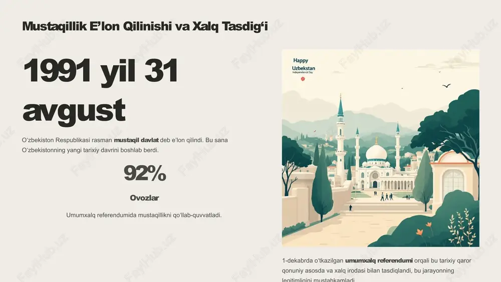 ifa bo‘ldi. inson manfaatlari: "inson qadri" tamoyiliga asoslangan ijtimoiy-iqtisodiy dasturlar va islohotlar. innovatsiyalar va ta’lim: raqamlashtirish, yuqori texnologiyalar va kadrlar tayyorlashga katta sarmoya kiritish. 9 xulosa: mustaqillik – buyuk kelajak asosi milliy g‘urur mustaqillik – xalqimizning tarixiy yutug‘i va milliy o‘zligimiz ramzi. taraqqiyot poydevori u bugungi ijtimoiy-iqtisodiy muvaffaqiyatlarimizning mustahkam asosi bo‘lib xizmat qiladi. kelajak zamin har bir o‘zbekistonlik uchun bu yo‘lni davom ettirish va vatanimizni yanada yuksaltirish burchdir. mustaqillikning qadriga yetish va uni asrab-avaylash – buyuk ajdodlarimizga bo‘lgan hurmatimiz namunasidir. 10 image1.png image2.png image3.png image4.png image5.png image6.png image7.png image8.svg image9.png image10.svg image11.png image12.svg image13.png image14.png image15.png image16.png image17.svg image18.png image19.svg image20.png image21.svg image29.png image30.svg image22.png image23.png image24.svg image25.png image26.svg image27.png image28.svg image38.png image39.svg image31.png image32.png image33.svg image34.png image35.png image36.svg image37.png