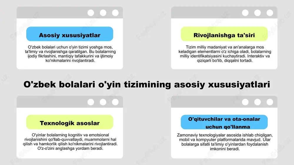 ni qabul qiladi va madaniyatni davom ettiradi. o'yinlar an'anaviy qadriyatlarni saqlash va avlodlar o'rtasida o'tkazishda muhim rol o'ynaydi. 01 02 03 o'yinlar ta'limda motivatsiya va e'tibor oshirish uchun samarali vositadir. bolalar uchun qiziqarli va interaktiv o'yinlar orqali o'rganish jarayoni tezlashadi. o'yinlarning ta'limdagi roli o'yinlar orqali bolalar muhim mahoratlarni rivojlantiradi, masalan, muammoni hal qilish, jamoaviy ishlash va kommunikatsiya. o'yinlar va motivatsiya interaktiv o'yinlar ta'lim muassasalarida o'quvchilarning diqqatini jamlash va bilimlarni mustahkamlash uchun keng qo'llaniladi. bu usul innovatsion o'quv metodlarining ajralmas qismi hisoblanadi. o'yinlar va ko'nikmalar rivojlanishi o'yinlar ta'lim jarayoniga qiziqish va faol ishtirokni ta'minlaydi, o'quvchilarning o'z-o'zini baholash va mustaqil fikrlash ko'nikmalarini shakllantiradi. ta'limda o'yinlarning ahamiyati o'yinlar va madaniy meros meros o'yinlar orqali madaniy merosni saqlash va rivojlantirish o'yinlar milliy madaniyatni saqlashda muhim rol o'ynaydi. ular orqali an'anaviy qadriyatlar va urf-odatlar avloddan-avlodga o'tkaziladi. bog'lanish o'yinlar va madaniy meros o'rtasidagi bog'lanish o'yinlar madaniy identitetni mustahkamlaydi va milliy urf-odatlarni saqlashda yordam beradi. ular orqali …