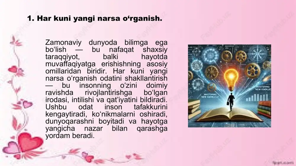 acha 7-8 soatlik sifatli uyqu zarur. uyqu yetishmasligi nafaqat jismoniy, balki ruhiy salomatlikka ham salbiy ta’sir ko‘rsatadi. shuningdek, ruhiy tinchlik, stressni boshqarish, ijobiy fikrlash ham organizm holatiga bevosita ta’sir ko‘rsatadi. 3. maqsadlar bo‘yicha reja tuzib, unga amal qilish. har bir inson hayotda ma’lum bir yutuqlarga erishishni, orzularini ro‘yobga chiqarishni istaydi. ammo bu istaklarning amalga oshishi uchun faqat niyatning o‘zi yetarli emas. eng muhimi — aniq maqsadlar qo‘yish, ular bo‘yicha puxta reja tuzish va ushbu rejaga qat’iyat bilan amal qilishdir. muvaffaqiyatli insonlar tarixiga nazar tashlasak, ularning barchasi o‘z hayotini reja asosida yo‘lga qo‘ygan, maqsadlariga yetish uchun harakatni bosqichma-bosqich olib borgan. maqsadli hayot kechirish — bu vaqtni behuda o‘tkazmaslik, har bir kunni samarali o‘tkazish demakdir. inson o‘z oldiga aniq va o‘lchab bo‘ladigan maqsadlar qo‘yganda, u nima qilayotganini va qayerga intilayotganini biladi. bu esa hayotga ma’no, tartib va mas’uliyat keltiradi. masalan, “ko‘proq kitob o‘qish” degan umumiy niyat o‘rniga, “har oyda 2 ta kitob …