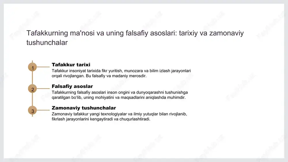 y fikrlash o‘zaro bog‘liq bo‘lib, ular bir-birini to‘ldiradi. an'anaviy qadriyatlar zamonaviy fikrlashga asos bo‘lsa, yangi yondashuvlar an'anaviy fikrlashni rivojlantiradi va kengaytiradi. mahalliy madaniyatda hikmat va tafakkurning o'rni va ahamiyati madaniy meros o'zbekiston madaniyati hikmat va tafakkurning asosi bo'lib, avloddan-avlodga o'tib, jamiyatning axloqiy va ma'naviy qadriyatlarini shakllantiradi. hikmat va tafakkur mahalliy madaniyatda hikmat va tafakkur insonlarning hayotiy tajribasi va diniy-axloqiy qadriyatlar bilan bog'liq bo'lib, muammolarni hal qilishda muhim rol o'ynaydi. o'zaro ta'sir mahalliy madaniyatda hikmat va tafakkur o'zaro bog'liq bo'lib, ular shaxsiy rivojlanish va jamiyat barqarorligini ta'minlashda muhim ahamiyat kasb etadi. o'z-o'zini anglash va shaxsiy rivojlanishdagi tafakkurning roli o'z-o'zini anglash tafakkur orqali inson o'zining kuchli va zaif tomonlarini aniqlaydi, shuningdek, ongli qarorlar qabul qilish va shaxsiy maqsadlarga erishishda muhim rol o'ynaydi. shaxsiy rivojlanish tafakkur shaxsning o'z-o'zini rivojlantirishida asosiy vosita bo'lib, uni o'z qobiliyatlarini kashf etishga va yangi mahoratlarni egallashga undaydi. madaniy va dini qadriyatlar uzbek madaniyatida tafakkur madaniyat va dini qadriyatlarni …