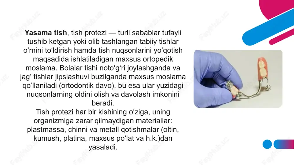 di. izolyatsiya qilish uchun qalinligi 0,2-0,4 mm qo`rhoshinli, qalayli zarralardan foydalaniladi. modelda suyak bo`rtmalari o`lchamidagi zarlar orqali modelga kley bilan yopishtiriladi. keyin asosni shakillantirish zar yuqorisidan mum bilan davom ettiriladi. protez polimerizatsiyasidan so`ng zar asosning ichki yuzasida qoladi. uni protez yaltiratilgandan so`ng olinadi, botiq qirg`oqlari yaxshilab tekislanadi. mum asosli protez tuzilmasini plastmassaga almashtirish laborator bosqichlari gipslash turlari: 1. to`g`ri usul – modelning yon yuzasida bitta yoki tabiiy tishlar guruhi joylashganda, hamda model yengil eruvchi metalldan qo`yilganda qo`llaniladi. 2. teskari usul sun’iy tishlar va model orasidagi oraliq katta bo`lmaganda qo`llaniladi. 3. aralash usul tishlar sun’iy milkda terilganda, shuningdek ko`p ildizli tishlar alveolyar o`siq tojiga yakin joylashganda qo`llaniladi. protezning mumli kompozitsiyasini kyuvetaga gipslash 1. gipslashning to`g`ri usuli: model kyuveta asosiga sig`adigan qilib kesiladi. kyuvetaning tashqi qirralari tishlardan bir oz balandroq bo`lishi kerak. suyuq gips bilan kyuveta asosi yarmigacha to`ldiriladi va model joylashtirilib, ortiqcha chiqqan gips tishlar atrofida bolishchalar shakllantiriladi, ular tishlarning vestbulyar …