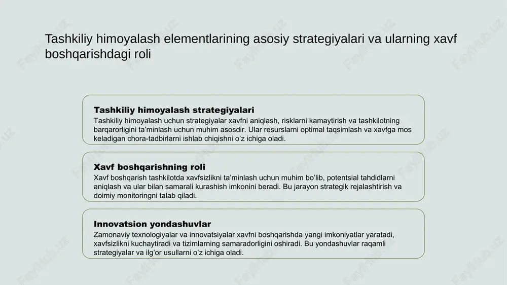asalan, blokcheyn va biometrik autentifikatsiya, xavfni kamaytirish va himoya darajasini oshirish uchun qo’llaniladi. tashkiliy himoyalash strategiyalarini amalga oshirishda yuzaga keladigan qiyinchiliklar va yechimlar 01 xavfli muhit tashkiliy himoyalash strategiyalarini amalga oshirishda xavfli muhit bilan bog‘liq muammolar yuzaga kelishi mumkin, bu esa xavfsizlik choralari samaradorligini kamaytiradi. 02 resurs cheklovlari moliyaviy va inson resurslarining cheklanganligi, xavfsizlik texnologiyalarini joriy etishda muhim to‘siq bo‘lib, strategiyalarni amalga oshirishni qiyinlashtiradi. 03 kadrlar tayyorligi xavfsizlik bo‘yicha mutaxassislar va xodimlarning bilim va ko‘nikmalari yetarli bo‘lmasligi, strategiyalarni to‘g‘ri amalga oshirishda muammo tug‘diradi. 04 boshqaruv muammolari raqobat va institutsional muhitdagi muammolar, boshqaruvning zaifligi va muvofiqlashtirishdagi muammolar strategiyalarning muvaffaqiyatli amalga oshirilishini qiyinlashtiradi. tashkiliy xavflarni baholash va xavfsizlik choralari strategiyalarining asoslari xavf tahlili usullari xavfsizlik strategiyalari baholash va choralar integratsiyasi tashkiliy xavflarni baholashda identifikatsiya qilish, yuzaga kelish ehtimoli va ta'sirini aniqlash uchun statistik va sifatli metodlar qo‘llaniladi. bu jarayon risklarni prioritetlashda muhim rol o‘ynaydi. strategiyalar xavfni kamaytirish, oldini olish va boshqarishni o‘z …