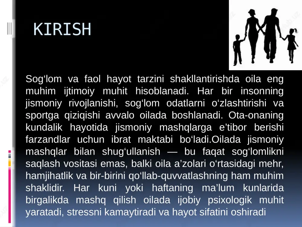 ki u kun boshini faol va energiya bilan to‘ldirishga imkon beradi. bu mashqlar oila a’zolarini birlashtirish uchun ideal platforma bo‘lib, bolalardan tortib keksagacha bo‘lgan har bir yosh guruhiga moslashtirilishi mumkin. masalan, ertalabki gimnastika dasturi 10-15 daqiqadan iborat bo‘lib, u issiqish bilan boshlanadi: qo‘l va oyoq barmoqlarini cho‘zish, bo‘g‘imlarni aylantirish kabi oddiy harakatlar orqali mushaklar va qon aylanishini faollashtirish. dam olish kunlarida sport o‘yinlari va yurishlar dam olish kunlari oilada sport o‘yinlari va yurishlarni tashkil etish jismoniy faollikni qiziqarli va ijtimoiy jihatdan boyituvchi shakl sifatida ajralib turadi. bu kunlar ish va o‘qishdan ozod bo‘lgan vaqt bo‘lgani uchun, oila a’zolari to‘liq ishtirok etishi mumkin, bu esa stressni bartaraf etish va oilaviy aloqalarni mustahkamlashga xizmat qiladi. sport o‘yinlari, masalan, futbol, volleybol yoki stol tennis kabi jamoaviy turlari tanlansa, ular oila ichidagi hamkorlikni oshiradi: bolalar va kattalar bir jamoada o‘ynab, strategiya ishlab chiqish va bir-birini qo‘llab-quvvatlashni o‘rganadi. uy sharoitida sport anjomlaridan foydalanish (gimnastik to‘p, …