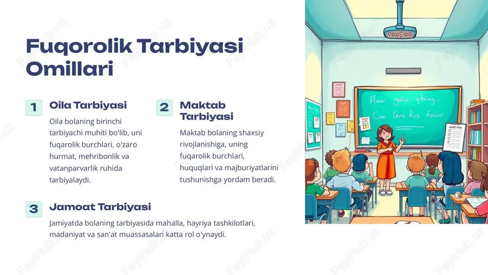 larni fuqarolik burchlari, o'zaro hurmat va hamjihatlik ruhida tarbiyalashga yo'naltirilgan dasturlarni ishlab chiqish kerak. https://gamma.app/?utm_source=made-with-gamma pulat shtamp xulosa fuqorolik tarbiyasi shaxslarning jamiyatda o'z o'rnini topishi, o'z huquq va majburiyatlarini tushunishi, qonunlarga rioya qilishi, o'zaro hurmat va mehr-muhabbat bilan yashashi uchun muhim ahamiyatga ega. u jamiyatda barqarorlikni ta'minlashga yordam beradi. shu sababli, bolalarning fuqarolik tarbiyasiga katta e'tibor berish lozim. https://gamma.app/?utm_source=made-with-gamma pulat shtamp