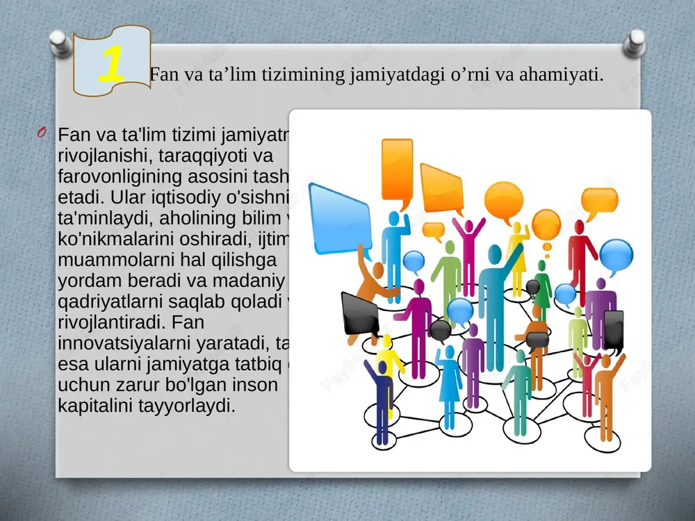 kurikulum va o‘qitish usullarining mehnat bozoriga mos kelmasligi kompetensiya asosida emas, test/eksamenga yoʻnaltirilgan taʼlim. 4. tadqiqot–amaliyot bo‘shligi-ilmiy tadqiqot natijalari amaliyotga yetarlicha tatbiq etilmaydi. 5. raqamli bo‘shliq (digital divide)-hududlar va ijtimoiy sinflar orasida texnologiyadan foydalanishda tengsizlik. 6. baholash tizimidagi muammolar-formativ baholash o‘rniga faqat summativ imtihonlarga tayanish. 7. tegishli siyosat va boshqaruvdagi notekislik-strategiya va amalga oshirish orasida sinxronizatsiya yetishmasligi. 8. inklyuziv taʼlimning yetishmasligi-nogironligi yoki ijtimoiy cheklovlari bor bolalar uchun yetarli imkoniyatlar yoʻqligi. 9. akademik halollik va plagiat muammolari-ilmiy madaniyat va etik meʼyorlarning zaifligi. 10. xalqaro integratsiya va xalqaro standartlarga moslashish muammolari-ilmiy nashrlar, hamkorlik va malaka tan olinishi cheklangan ushbu muammolardan kelib chiqib ushbu yechimlarni keltirishimiz mumkin: ilmiy-tadqiqot faoliyatini rag‘batlantirish fan rivoji uchun yosh olimlar va tadqiqotchilarning motivatsiyasini oshirish muhim. buning uchun: grantlar, stipendiyalar va xalqaro loyihalarda ishtirok imkoniyatlarini kengaytirish; ilmiy ishlarni tijoratlashtirish tizimini yo‘lga qo‘yish; universitet va ilmiy markazlar o‘rtasida hamkorlik mexanizmini kuchaytirish kerak. kadrlar salohiyatini oshirish va raqamli ta’limni joriy etish …