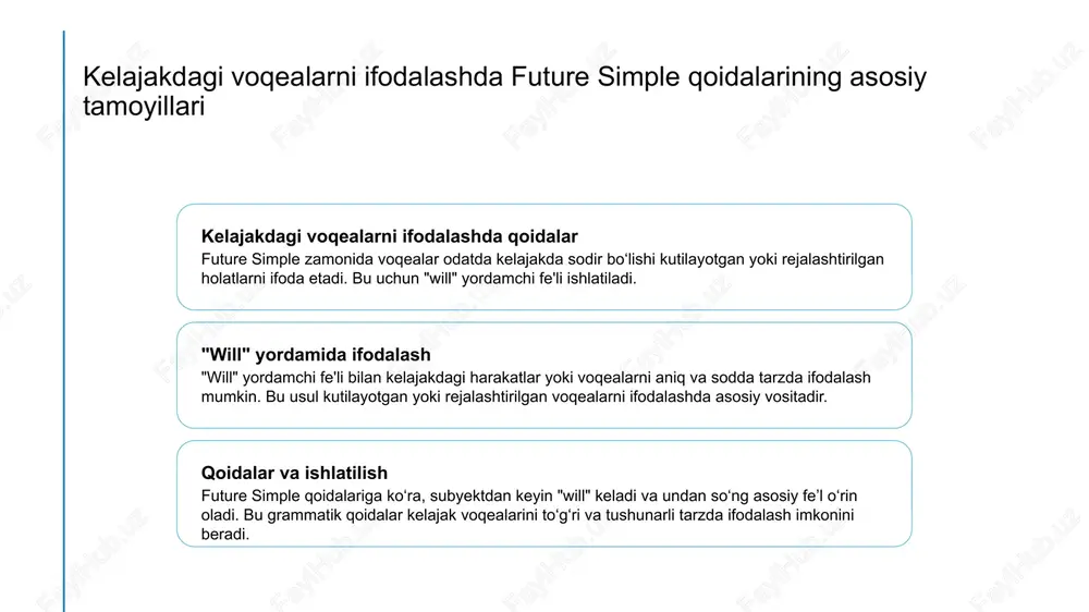 a "will" yordamida kelajakni ifodalash juda oddiy va standart bo'lib, o'zbek tilida esa bu usul kamroq ishlatiladi. o'zbek tilida kelajakdagi voqealar ko'proq kontekstga yoki fe'l shakllariga asoslanadi. 3 foydalanishdagi farqlar ingliz tilida "will" yordamida kelajakdagi voqealarni aniqroq va rasmiy tarzda ifodalash mumkin, o'zbek tilida esa bu ko'proq kontekst va vaqt bilan bog'liq bo'lib, turli shakllarda ifoda qilinadi. ingliz va o'zbek tillarida future simple ning ishlatilishidagi asosiy farqlar 1 vahdatdagi farqlar ingliz tilida future simple odatda "will" yordamida ifodalanadi va kelajakdagi voqealarni aniqroq ko'rsatadi. o'zbek tilida esa, kelajakni ifodalash uchun "bo'ladi" yoki boshqa yordamchi so'zlar ishlatiladi, bu esa grammatik jihatdan farq qiladi. 2 ishlatilish usullari ingliz tilida "will" yordamida kelajak voqealari shart va rejalashtirilgan bo'lishi mumkin. o'zbek tilida esa, kelajak zamoni ko'proq kontekst va so'zlarning yordami bilan ifodalanadi, grammatik qoidalar turlicha. 3 farqlarning asosiy sabablari ingliz tilida kelajak zamoni aniq qoidalarga asoslangan bo'lsa, o'zbek tilida bu jarayon ko'proq kontekstga va so'zlarning …