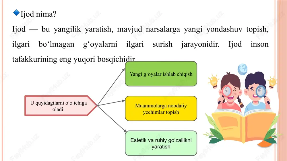 da, uni nafaqat olimlar faoliyatida, balki har bir inson faoliyatida ham mavjud bo’lishini unutmaslik kerak. masalan, dalada faoliyat ko’rsatadigan dehqon yoki cho’pon o’z sohasini mukammal bilish uchun izlanadi. o’z sohasiga taalluqli yangiliklar yaratishga harakat qiladi, bunga erishadi ham. demak, ijod oddiy, kundalik, ilmiy, murakkab, ziddiyatli bo’lishi mumkin. hozirgi zamonda dunyoda 2000 dan ortiq fanlar o’qitiladi, bu fanlarning barchasi ijod bilan bog’langan. demak, inson faoliyatini fan taraqqiyotisiz tasavvur qilish qiyin. odamlar fan yordamida maqsadlariga erishadilar. bilim fan orqali olinadi. bilim kuch va ma’rifatdir. fan bor ekan nodonlik va bid’at, toqatsizlik va tartibsizlik va turli to’siqlar rivojlanish yo’lidan olib tashlanadi. ularga barham berish fan va ijodning vazifasidir. inson qancha ma’rifatli bo’lsa, u jiddiylashib boradi, axloqliroq, madaniyatliroq bo’ladi. zero insonlarning ma’rifatli bo’lishi, olg’a qarab harakat qilishi demakdir. ma’rifatli kishi o’z manfaatiga axloqiy jihatdan yondashadi. ijod qilishda turli uslub va nazariyalardan foydalanadi. shu jarayonning o’zida yangi fanlar ham paydo bo’ladi. fanlarni ham uquvli, talantli, …