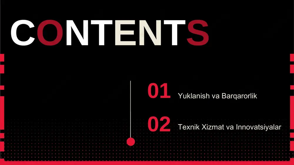 vtomatik blok-tizim: poyezd orasidagi masofani nazorat qiladi. yo‘nalish aniqlash: poyezdning qatnov yo‘lini aniqlaydi. xatolikka qarshi qulflar: signalizatsiya buzilishida xavfsizlikni ta’minlaydi. qizil - to‘xtang sariq - ehtiyot yashil - yuring 19 06 yuklanish va barqarorlik part 20 statik va dinamik yuklar konstruksiyalarning chidamliligini hisoblashda yuklanish turlari muhim ahamiyatga ega. statik yuk poyezdning o‘z og‘irligi va yukining doimiy ta’siri. + dinamik yuk harakat va tezlik o‘zgarishidan kelib chiqadigan impuls kuchlari. snip va uic standartlari bo‘yicha yorilish va charchovchanlik hisoboti asosida konstruksiyalar loyihalanadi. 21 barqaror rivojlanish mezonlari atrof-muhitga ta’sirni minimallashtirish va resurslarni tejamkor ishlatish tamoyillari. qayta ishlangan materiallar: po‘stat relslar va beton shpalalar. energiya tejamkorligi: elektr lokomotivlar va regenerativ tormozlar. shovqinni kamaytirish: atrofdagi yashash joylarini himoya qilish. karbon izi monitoringi: atrof-muhitga ta’sirni doimiy kuzatish. 22 07 texnik xizmat va innovatsiyalar part 23 profilaktika va ta’mirlash rels chang yuvish chang va changgilni tozalash. termit payvand rels ulanishlarida ishlatiladi. defektoskopiya ultratovush va vihr oqim usullari. …
