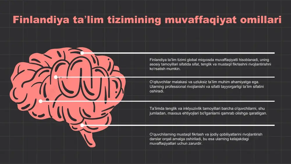 zimlari: ta sir ʼ ʼ omillari finlandiya ta limiʼ finlandiya taʼlim tizimiga taʼsir etuvchi asosiy omillar ijtimoiy tenglik va taʼlimda adolatdir. taʼlim imkoniyatlari barcha uchun tengdir, bu esa pedagogik yondashuvlarni innovatsion qiladi. rossiya ta limiʼ rossiya taʼlim tizimiga taʼsir etuvchi omillar orasida tarixiy va madaniy meros muhimdir. komparativistik pedagogika rivojlanishi taʼlim metodlarini yangilaydi va oʼzaro taʼsirni oshiradi. o'zaro ta sirʼ finlandiya va rossiya taʼlim tizimlari oʼrtasidagi o'zaro taʼsir xalqaro hamkorlik va tajriba almashinuvi orqali sodir boʼladi. global tendensiyalar har ikki tizimga yangi imkoniyatlar beradi. xulosa finlandiya taʼlim tizimi yuqori malakali o'qituvchilar, tenglik va inklyuzivlik tamoyillari bilan ajralib turadi. rossiya taʼlim tizimi o'zining tarixiy va madaniy merosi bilan noyob, ammo global o'zgarishlarga moslashishi zarur. ikkala tizim o'rtasida xalqaro hamkorlik va tajriba almashinuvi taʼlim sifatini yanada oshiradi. o'zaro o'rganish va tajriba almashinuvi global taʼlim muammolarini hal etishda muhim ahamiyatga ega. designed by slides carnival e'tiboringiz uchun rahmat! https://www.slidescarnival.com/ https://www.slidescarnival.com/ finlandiya taʼlim tizimi …