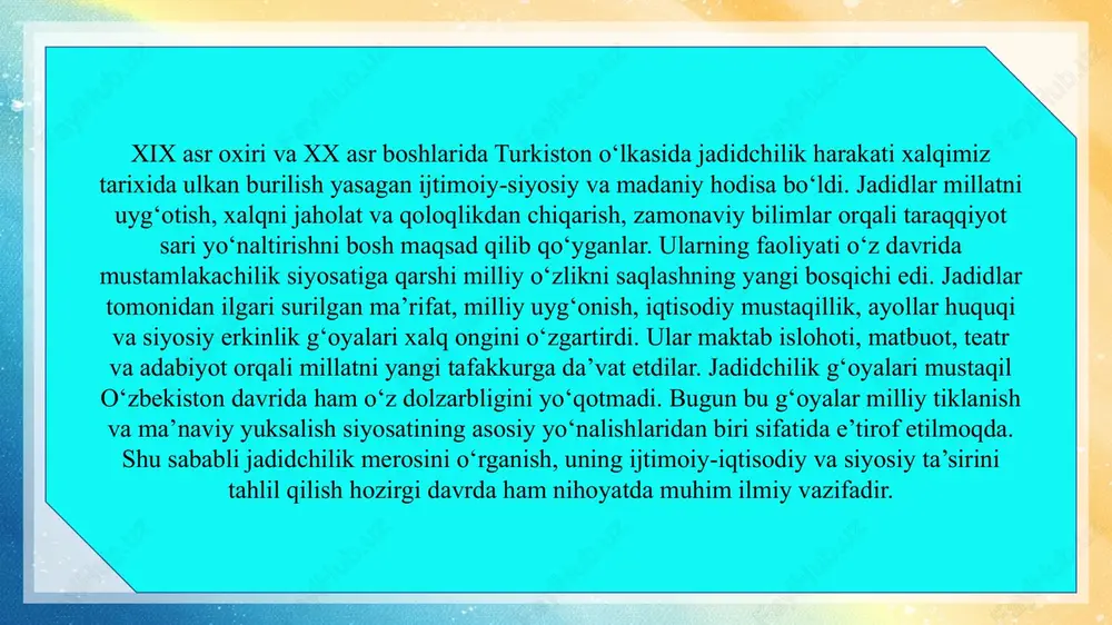 hnasiga chiqishdi. behbudiyning “padarkush” asari, avloniyning “turkiy guliston yoxud axloq” kitobi millatni uyg‘otishga xizmat qilgan asarlardir. jadidlar teatr, matbuot va adabiyot orqali milliy ongni kuchaytirib, mustamlakachilik siyosatiga qarshi fikriy kurash olib bordilar. ularning fidokorona mehnati natijasida xalq orasida milliy o‘zlik, tafakkur va yangicha dunyoqarash shakllandi. jadidchilik harakatining dastlabki vakillari orasida mahmudxo‘ja behbudiy, ismoil g‘aspirali, abdulla avloniy, munavvarqori abdurashidxonov, fitrat, cho‘lpon kabi ma’rifatparvarlar alohida o‘rin tutadi. ular yangi usuldagi maktablar tashkil etib, ta’limda zamonaviy fanlarni joriy qildilar, gazeta va jurnallar chiqarib, xalqni ijtimoiy muammolar haqida fikrlashga da’vat etdilar. jadidlarning ta’lim va madaniyat sohasidagi islohotlari: yangi maktablar, matbuot va teatr faoliyati jadidlar millat taraqqiyoti ilm va ma’rifatga tayanishi kerak, degan e’tiqodda edilar. ular “usuli jadid” — ya’ni yangi usuldagi maktablarni tashkil etib, darslarni arabcha yodlashdan ko‘ra tushunishga asoslangan shaklga o‘zgartirdilar. bu maktablarda matematika, geografiya, tarix, fizika kabi dunyoviy fanlar o‘qitila boshlandi. mahmudxo‘ja behbudiy, abdulla avloniy, munavvarqori abdurashidxonov kabi ma’rifatchilar o‘quv qo‘llanmalar yaratib, …