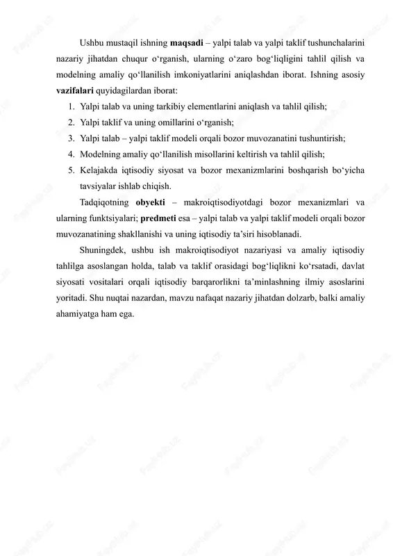 b chiqarishni kengaytirish xarajatlari; · davlat xarajatlari (g) – davlat tomonidan tovarlar va xizmatlarga ajratilgan mablag‘lar; · tashqi savdo saldosining hissasi (nx = exports – imports) – eksport va import o‘rtasidagi farq. yalpi talab grafigi odatda pastga egri chiziq sifatida tasvirlanadi, bu narxlar darajasi oshishi bilan talab kamayishini ko‘rsatadi. yalpi talab (aggregate demand, ad) – bu ma’lum bir vaqtda mamlakatda ishlab chiqarilgan barcha tovarlar va xizmatlarga bo‘lgan umumiy talabni ifodalaydigan iqtisodiy tushuncha bo‘lib, u makroiqtisodiyotning asosiy indikatorlaridan biri hisoblanadi. yalpi talab grafigi narxlar darajasi va ishlab chiqarish hajmi o‘rtasidagi bog‘liqlikni ko‘rsatadi. asosan, narxlar oshgani sayin yalpi talab kamayadi, narxlar tushgani sayin esa u ortadi. bu holat talab qonuni bilan izohlanadi. yalpi talabning o‘ziga xos xususiyatlari quyidagilardan iborat: 1. umumiy xarajatlar xarakteri – yalpi talab shaxsiy va korporativ iste’mol, davlat xarajatlari va tashqi savdo orqali ifodalanadi. 2. narxlar darajasiga bog‘liqlik – ad narxlar darajasining o‘zgarishi bilan mutanosib tarzda o‘zgaradi. 3. makroiqtisodiy …