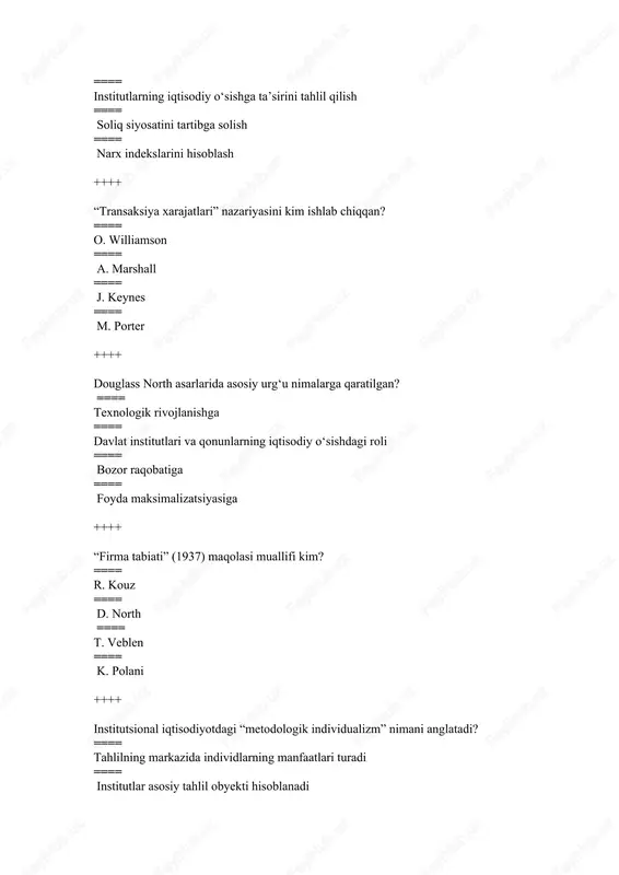 gi institutlar” ==== “iqtisodiy tizimlar va tashkilotlar nazariyasi” ==== “iqtisodiy nazariya va dam olish sinfining evolyutsiyasi” ==== “firma tabiati” ++++ veblenning asosiy g‘oyasi nimadan iborat? ==== foyda maksimalizatsiyasi tamoyilidan ==== ishlab chiqarishning texnik rivojidan ==== iqtisodiy faoliyat odatlar, institutlar va ijtimoiy tizimlar orqali boshqariladi ==== raqobat narxlarini shakllantirish mexanizmida ++++ institutsional nazariyalar nimani tushuntiradi? ==== davlat byudjetining shakllanishini ==== institutlarning iqtisodiy faoliyatga ta’sirini ==== ishlab chiqarish jarayonlarini ==== faqat iste’molchilar xatti-harakatini ++++ veblenning ta’kidlashicha, iqtisodiy qarorlarni faqat nimalar bilan tushuntirib bo‘lmaydi? ==== tashkilotlar va institutlar bilan ==== texnologiyalar bilan ==== bozor kuchlari (talab va taklif) bilan ==== resurslar bilan ++++   “institut” tushunchasi nimani anglatadi? ==== bozor mexanizmini ==== siyosiy partiyalarni ==== jamiyat a’zolari o‘rtasidagi munosabatlarni belgilovchi rasmiy va norasmiy qoidalar tizimini ==== texnologik taraqqiyotni ++++  institutlarning jamiyatdagi asosiy vazifasi nima? ==== soliq yig‘ish ==== ishlab chiqarishni rejalashtirish ==== ijtimoiy tartib va qonun-qoidalarni saqlash ==== bozor narxlarini belgilash …