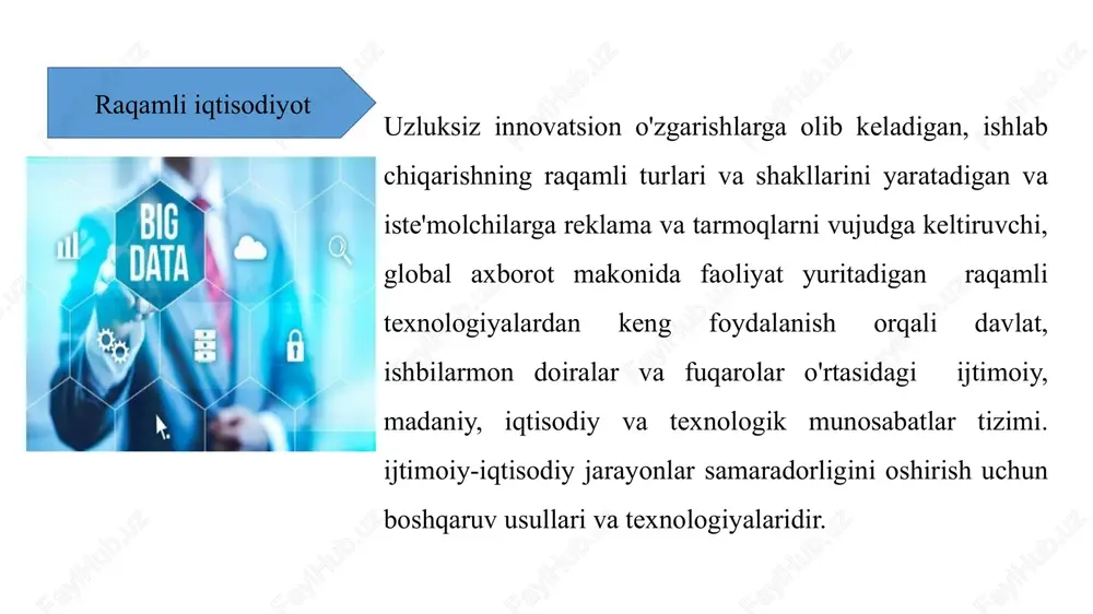 tisodiyot “raqamli iqtisodiyot” ikki xil turli tushunchalarni ifodalash uchun ishlatiladi birinchidan, raqamli iqtisodiyot – bu rivojlanishning zamonaviy bosqichi hisoblanib, u ijodiy mehnat va axborot ne’matlarining ustuvor o‘rni bilan tavsiflanadi ikkinchidan, raqamli iqtisodiyot – bu o‘ziga xos kategoriya bo‘lib, uning o‘rganish ob’ekti axborotlashgan jamiyat hisoblanadi. raqamli iqtisodiyot – umumtexnologik protsess bo‘lib, iqtisodiyotni bir butunlikda rivojlanishini ta’minlaydi 12 raqamli iqtisodiyot – bu jamiyat ne’matlarini ishlab chiqarish, taqsimlash va iste’mol qilish jarayonlarida elektron hamda axborot-kommunikatsion texnologiyalarini keng joriy etishni ko‘zda tutadigan insonning xo‘jalik faoliyatini tadqiq etuvchi fandir. raqamli iqtisod - xo’jalik yuritishning yangi zamonaviy shakli bo’lib, unda ishlab chiqarish va boshqarishning asosiy faktori sifatida raqamli ko’rinishdagi katta ma’lumotlar majmui va ularni qayta ishlash jarayoni hizmat qiladi raqamli iqtisod nima? raqamli iqtisodiyot quyidagilarda namoyon bo’ladi: bu yangi kadrlar va yangi ish joylari hosil bo’lishida bu yangi korporativ madaniyat barpo bo’lishida bu yangi boshqaruv va nazorat usullarining yuzaga kelishida bu katta ma’lumotlar bazalari (big data) …