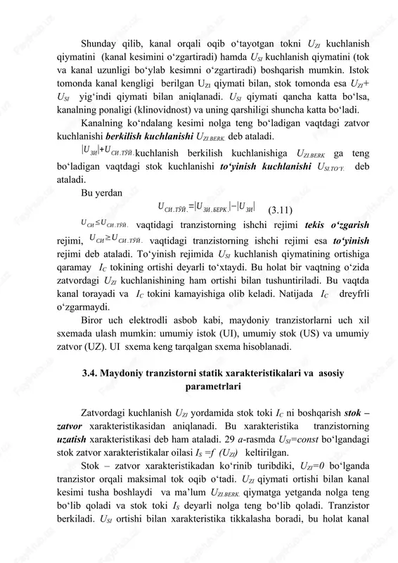hi bilan tushuntiriladi. bu vaqtda kanal torayadi va ic tokini kamayishiga olib keladi. natijada ic dreyfrli o‘zgarmaydi. biror uch elektrodli asbob kabi, maydoniy tranzistorlarni uch xil sxemada ulash mumkin: umumiy istok (ui), umumiy stok (us) va umumiy zatvor (uz). ui sxema keng tarqalgan sxema hisoblanadi. 3.4. maydoniy tranzistorni statik xarakteristikalari va asosiy parametrlari zatvordagi kuchlanish uzi yordamida stok toki ic ni boshqarish stok – zatvor xarakteristikasidan aniqlanadi. bu xarakteristika tranzistorning uzatish xarakteristikasi deb ham ataladi. 29 a-rasmda usi=const bo‘lgandagi stok zatvor xarakteristikalar oilasi is =f (uzi) keltirilgan. stok – zatvor xarakteristikadan ko‘rinib turibdiki, uzi=0 bo‘lganda tranzistor orqali maksimal tok oqib o‘tadi. uzi qiymati ortishi bilan kanal kesimi tusha boshlaydi va ma’lum uzi.berk. qiymatga yetganda nolga teng bo‘lib qoladi va stok toki is deyarli nolga teng bo‘lib qoladi. tranzistor berkiladi. usi ortishi bilan xarakteristika tikkalasha boradi, bu holat kanal uzunligining uncha katta bo‘lmagan kamayishi bilan tushuntiriladi. stok – zatvor xarakteristika tenglamasi …