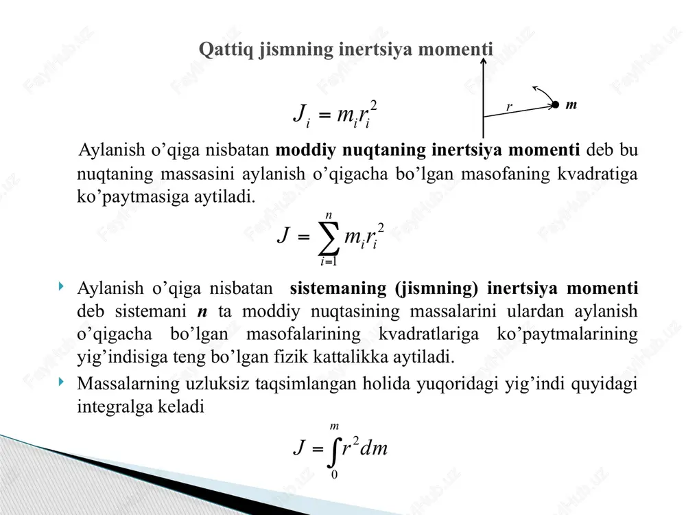 dx l m x dm r j m l l = ú û ù ê ë é + = = = ò ò - rldr r ld lds dv p p 2 ) ( 2 = = = ldr r dv dm r p r 2 = = , 2 1 2 4 0 3 2 ò ò = = = m r z lr dr r l dm r j pr pr , 2 l r v p = l r m v m 2 p r = = 2 4 2 4 2 1 2 1 2 1 mr lr l r m lr j z = = = p p pr z j 2 0 md j j z + = 2 0 12 1 ml j = 2 2 2 2 0 3 1 2 12 1 ml l m ml md j j z = …