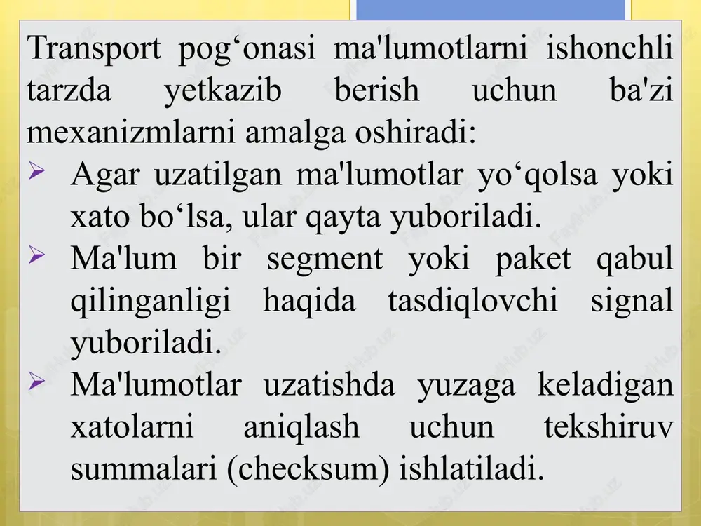 a qayta birlashtiradi. udp tcp dan tez ishlaydi. udp, yuqori tezlik va past kechikish talab qiladigan ilovalar uchun ideal hisoblanadi, masalan: ovozni tarmoq orqali uzatish uchun. real vaqt rejimida video ma'lumotlarini uzatishda. domen nomlarini ip manzillarga o‘zgartirishda. tarmoq orqali o‘yinlarni o‘ynashda. tarmoqdan kelayotgan katta hajmdagi ma'lumotlarni tez va samarali yig‘ish. transport pogonasida joylashgan tcp protokoli, tarmoq orqali ma'lumotlarni uzatish uchun ishlatiladigan ishonchli va tartibga solingan protokoldir. tcp ma'lumotlarning muvaffaqiyatli uzatilishini ta'minlash uchun bir qator mexanizmlarga ega va odatda yuqori darajadagi ilovalar uchun qo‘llaniladi. tcp aloqa o‘rnatishni talab qiladi, ya'ni, ma'lumot uzatishdan oldin yuboruvchi va qabul qiluvchi tizimlar o‘rtasida aloqaning o‘rnatilishi kerak. bu jarayonni 3-qadamli qo‘l berish (three-way handshake) deb atashadi, unda tizimlar bir-birlarini tanib, ulashadi. tcp ma'lumotlarning to‘liq va ishonchli uzatilishini ta'minlaydi. agar ma'lumotning bir qismi yoki to‘liq paket yo‘qolsa yoki xato bo‘lsa, tcp uni qayta yuboradi. bu tasdiqlash (acknowledgment) va qayta yuborish (retransmission) mexanizmlari orqali amalga oshiriladi. tcp har …