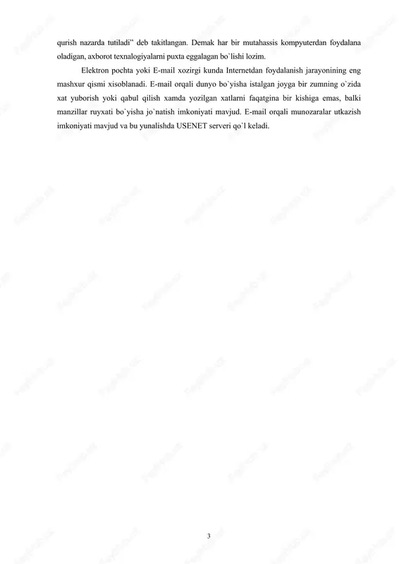 rivojlanib ketdi. ma’lumotlarni boshqarish, ayniqsa, hozirgi kunda juda muhum axamiyat kasb etmoqda. ma’lumotlarni boshqarish tizimlariga bo`lgan talab kun sayin ortib bormoqda. fan va texnika rivojlanib borayotgan ayni payitda ma’lum bir sohada ishni boshlash va uni boshqarishni axborot texnalogiyalarsiz, jumladan kompyuter texnalogiyalarsiz tasavvur qilib bo`lmaydi. bugungi kunda mustaqil respublikamizda ta’lim sohasida tub islohatlar amalga oshirilmoqda. “kadirlar tayorlash milliy dasturi” da “kadirlar istiqbollardan, jamiyat extiyojidan, fan, madaniyat, texnika va texnalogiyalarning zamonaviy yutuqlardan kelib chiqqan holda qayta qurish nazarda tutiladi” deb takitlangan. demak har bir mutahassis kompyuterdan foydalana oladigan, axborot texnalogiyalarni puxta eggalagan bo`lishi lozim. elektron pochta yoki e-mail xozirgi kunda internetdan foydalanish jarayonining eng mashxur qismi xisoblanadi. e-mail orqali dunyo bo`yisha istalgan joyga bir zumning o`zida xat yuborish yoki qabul qilish xamda yozilgan xatlarni faqatgina bir kishiga emas, balki manzillar ruyxati bo`yisha jo`natish imkoniyati mavjud. e-mail orqali munozaralar utkazish imkoniyati mavjud va bu yunalishda usenet serveri qo`l keladi. i-bob elektron pochtada axborotlarga …
