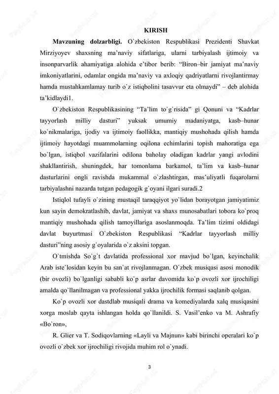 navro`z bayramlarda yigit va qizlarning qo`shiq aytishi, to`ylarda aytiladgan yor-yor, yallalar xor bo`lib ijro etilgan. shashmaqomning vokal qismidagi taronalar ham jamoa bo`lib aytilgan. katta ashulalar ham 3-4 kishi bo`lib ijro qilingan (bu xam xor ijrosi). yuqridagi aytib o`tilgan asarlar bir ovozda ijro etilgan. folklor qo`shiqlari (yor-yor, yalla, hashar, 5 qarsak, lapar, katta ashula) va maqomdagi (tarona, ufor, naqsh) qismlari jamoa bo`lib aytilgan. uning shogirdi aristotel (aflotun) komil ishonch bilan mazkur fikrni quvvatlaydi. «musiqa kishi ruxining ahloqiy tomoniga ma’lum darajada ta’sir etadi, bas shunday ekan, u yoshlarning tarbiyasiga, ta’sir etadi.» milliy madaniyatimiz bobokaloni abu-nasr al-forobiy esa musiqaning shaxs shakllanishiga aniq ta’sirini quyidagicha bayon etadi: «bu fan (ya’ni musiqa d.o) shu ma’noda foydaliki, kimning fe’l atvori muvozanatni yo’qotgan bo’lsa, tartibga keltiradi, kamol topmaganlarni kamolotga yetkazadi va muvozanatda bo’lganlarning muvozanatini saqlaydi. bu fan tanning sog’ligi uchun ham foydalidir.» musiqa inson ruhi va aqliy rivojiga bebaho ta’sir o’tkazadi. ch.darvin umrining oxirlarida quvvai xofizasi (xotirasi) …