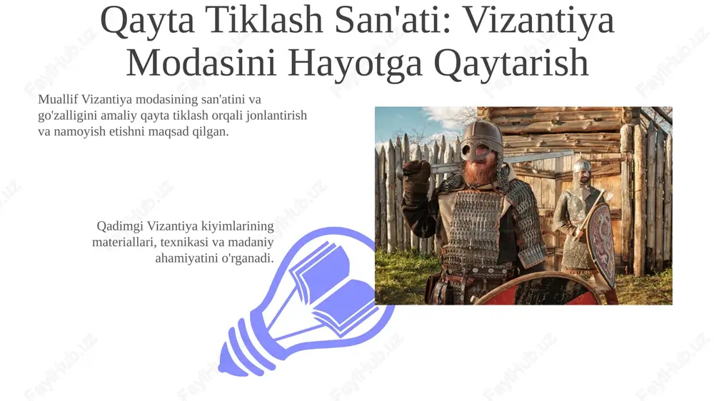 ini anglatardi. bizantiya kiyimlari ijtimoiy mavqeni va imperiya kuchini aks ettirgan, murakkab matolar va zargarlik buyumlari boylik va hokimiyatni ramz qilgan. vizantiya jamiyati: darajalar va vazifalar boylar uchun boy mato, oltin kashtado'zlik va qimmatbaho toshlar bilan bezatilgan aksessuarlar odatiy hol edi. bizantiya jamiyati murakkab ierarxiyaga ega edi, tepada imperatorlar, pastda dehqonlar bor edi. imperatorning kiyim-kechiklari: ramziylik va hokimiyat imperiya kuchi: vizantiya imperatorlarining hashamatli kiyimlari ularning ilohiy hokimiyatini va imperiya ustidan ustunligini ramz qilgan. xudo hokimiyatining ramzi: imperator kiyimlarida qimmatbaho materiallar, murakkab naqshlar va o'ziga xos ranglarning ishlatilishi, imperatorning yer yuzidagi xudoning vakili sifatidagi muqaddas rolini aks ettirgan. e'tiboringiz uchun rahmat @taqdimot_robot image4.jpg image5.jpg image6.jpg image7.jpg image8.jpg image9.jpg image10.jpg image11.jpg image12.jpg image13.jpg image14.jpg image15.jpg image16.jpg image17.jpg image18.jpg image19.jpg image20.jpg image1.jpeg image2.jpeg image3.jpeg