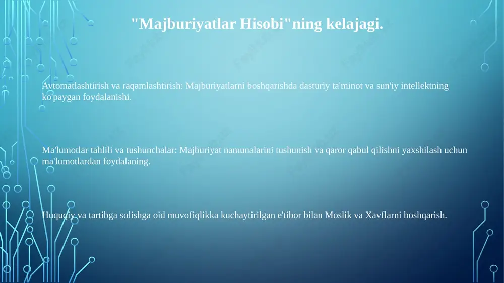 hunishga imkon beradi. "majburiyatlar hisobi" dagi asosiy tushunchalar majburiyatni tan olish: turli xil bitimlar va voqealar natijasida kelib chiqqan majburiyatlarni aniqlash va qayd etish. javobgarlik ochish: moliyaviy hisobotlarda majburiyatlar haqida aniq va to'liq ma'lumot berish. javobgarlikni o'lchash: majburiyatlarning bozor qiymatini aniqlash va ularni to'g'ri qayd etish. e'tiboringiz uchun rahmat @taqdimot_robot image1.png image2.png image3.png image4.png image5.png
