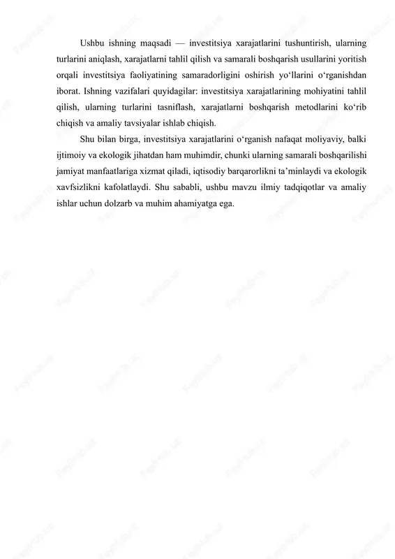 rxona yoki davlat tomonidan yangi ishlab chiqarish quvvatlarini yaratish, mavjud ishlab chiqarish ob’ektlarini modernizatsiya qilish, innovatsion texnologiyalarni joriy etish, ilmiy-tadqiqot va tajriba-konstruktorlik ishlari (itk ishlari)ni moliyalashtirish va boshqa investitsiya loyihalarini amalga oshirish uchun sarflanadigan moliyaviy, moddiy va inson resurslarining majmuasidir. ular ikki asosiy jihatga ega: birinchidan, investitsiya xarajatlari moliyaviy xarajatlar bo‘lib, mablag‘larning konkret loyihaga yo‘naltirilishini ta’minlaydi; ikkinchidan, ular uzoq muddatli ijtimoiy-iqtisodiy natijalarni hosil qilishga qaratilgan bo‘lib, faqat qisqa muddatli foydani emas, balki kelajakdagi ishlab chiqarish samaradorligi va barqaror rivojlanishni ham shakllantiradi. investitsiya xarajatlarini iqtisodiy nuqtai nazardan tahlil qiladigan bo‘lsak, ularni ikki asosiy guruhga ajratish mumkin: 1. kapital xarajatlari (asosiy xarajatlar) — yangi ishlab chiqarish quvvatlarini yaratish, texnologik jihozlarni sotib olish, bino va inshootlarni qurish, modernizatsiya va rekonstruksiya ishlarini moliyalashtirishga sarflanadigan mablag‘lar. ushbu xarajatlar ko‘pincha katta miqdorda bo‘lib, uzoq muddatli foyda keltiradi va korxona moliyaviy barqarorligini ta’minlashda asosiy omil hisoblanadi. 2. joriy xarajatlar (operatsion xarajatlar) — ishlab chiqarish jarayonini davom ettirish, …