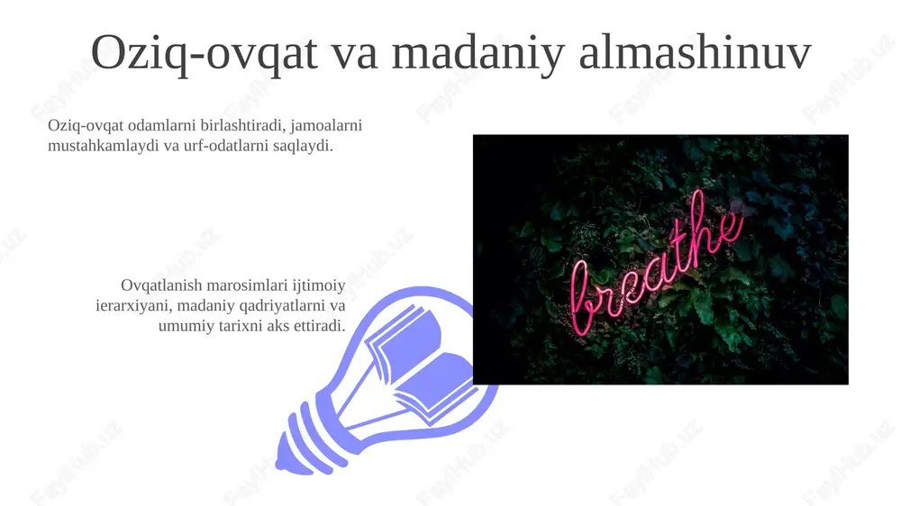 baning ramziy ifodalarini taqdim etadi. oshpazlik an'anasi va kimlik oziq-ovqat madaniy o'tkazishda muhim rol o'ynaydi, avloddan avlodga bilimlar va urf-odatlarni o'tkazadi. oshpazlik an'analari umumiy tarix, qadriyatlar va e'tiqodlarni aks ettirib, madaniy identifikatsiyani shakllantiradi. e'tiboringiz uchun rahmat @taqdimot_robot image4.jpg image5.jpg image6.jpg image7.jpg image8.jpg image9.jpg image10.jpg image11.jpg image12.jpg image13.jpg image14.jpg image15.jpg image16.jpg image17.jpg image18.jpg image19.jpg image20.jpg image1.jpeg image2.jpeg image3.jpeg