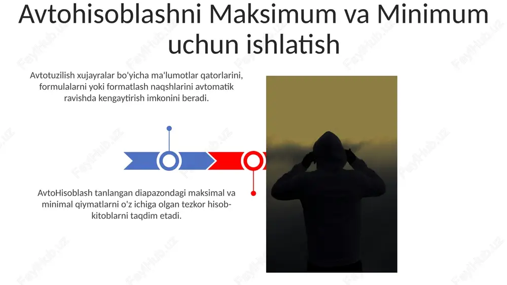 -kitoblarni amalga oshirish uchun nomlangan diapazonlardan foydalaning. avtomatik hisoblash: tanlangan ma'lumotlar bo'yicha yig'indi, son, o'rtacha yoki boshqa hisob-kitoblarni amalga oshiring. avtohisoblashni hisoblash uchun ishlatish avtotullish ma'lumotlar naqshlarni takrorlaydi, vaqt va kuch sarfini tejaydi. avtomatik hisoblash avtomatik to'ldirish bilan birlashtirilgan holda ma'lumotlarni samarali boshqarish imkonini beradi. avtomatik hisoblash va ma'lumotlar tahlili ma'lumotlar tahlili: statistik tahlil, bashorat qilish va boshqa vositalarni taqdim etadi. avtotuzilish: mavjud ma'lumotlarga asoslanib, naqshlarni, sanalarni yoki seriyalarni kengaytiradi. avtohisoblashga kirish avtohisob: tanlangan diapazondagi yig'indilar, o'rtacha qiymatlar va boshqalarni tez hisoblang. avtoto'ldirish: xujayralarga yozayotganda potentsial qiymatlarni taklif qiladi, vaqtni tejaydi va xatolarni kamaytiradi. e'tiboringiz uchun rahmat @taqdimot_robot image4.jpg image5.jpg image6.jpg image7.jpg image8.jpg image9.jpg image10.jpg image11.jpg image12.jpg image13.jpg image14.jpg image15.jpg image16.jpg image17.jpg image3.png image18.jpg image19.jpg image20.jpg image1.jpeg image2.jpeg