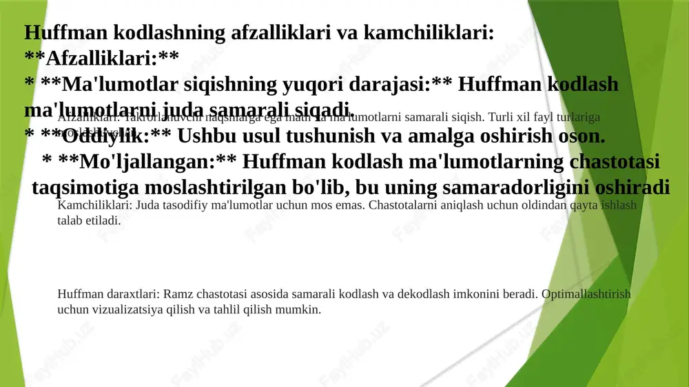 belgilar ildizga yaqinroq joylashtiriladi. qurilishda eng past chastotaga ega bo'lgan ikkita tugunni birlashtirish va ularning birlashtirilgan chastotasi bilan yangi tugun yaratish jarayoni takrorlanadi. huffman kodlashning kelajagi yaxshilangan siqish: xuffman kodlash, ayniqsa ma'lumotga boy dasturlar rivojlanishi bilan, yanada yaxshi siqish nisbati uchun doimiy ravishda optimallashtirilmoqda. gibritsa yondashuvlar: xaffman kodlashni lz77/lz78 kabi boshqa siqish texnologiyalari bilan birlashtirish optimal siqishga erishish uchun sinergik yondashuvni taklif etadi. adaptive huffman kodlash: ma'lumot naqshlari asosida huffman daraxtlarini dinamik tarzda moslashtirish real vaqtda moslashish va potentsial jihatdan yuqori siqish imkonini beradi. chastota jadvali huffman kodlash tez-tez uchraydigan belgilarga qisqa kodlarni, kam uchraydigan belgilarga esa uzun kodlarni beradi va shu tariqa optimal siqishni ta'minlaydi. huffman daraxti - bu ma'lumotlarni siqish uchun ishlatiladigan ikkilik daraxt bo'lib, unda har bir tugun belgi va uning chastotasi bilan ifodalanadi. chastota jadvali ma'lumotlar to'plamidagi har bir noyob elementning paydo bo'lish sonini ko'rsatadi. xaffman kodlashning qo'llanilishi tarmoq aloqasi: huffman kodlash ma'lumot uzatish uchun ishlatiladigan …