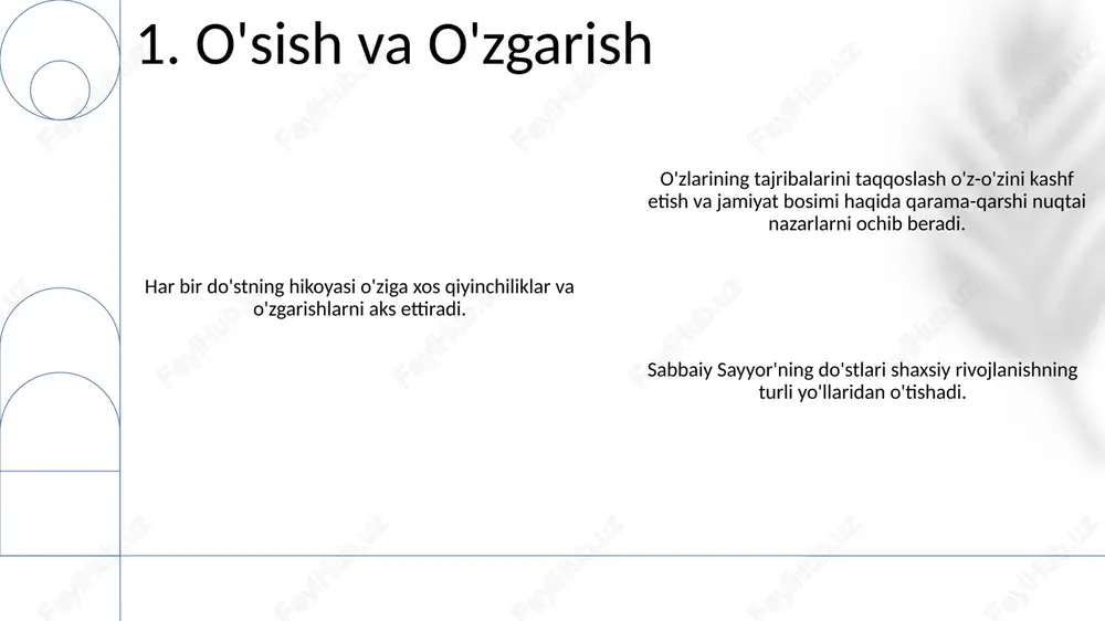 tushlar va orzular sabbaiy sayyorning do'stlari hikoyalari: har bir do'stning hikoyasi qarshilik, shaxsiyat va ma'no izlash mavzusida o'ziga xos tushunchalarni beradi. sabbaiy sayyorning do'stlari haqidagi hikoyalarni taqqoslash sevgi, yo'qotish va o'sishga bo'lgan turli nuqtai nazarlarni va yondashuvlarni ochib beradi. sabbaiy sayyorning do'stlari hayot qiyinchiliklaridan o'tishda mustahkam aloqalar va umumiy tajribalar muhimligini ta'kidlaydilar. 12. aloqa ahamiyati sabbaiy sayyorning hamrohlari hikoyalaridagi umumiy mavzu, qahramon va vaziyatlarni solishtirish. adabiy usullar va ramziylik: sabbaiy sayyor do'stlarining hikoyalaridagi takrorlanuvchi motivlar, tasvirlar va majoziy til tahlili. dostlar hikoyasidagi noyob hikoya ohanglari va nuqtai nazarlarini aniqlash. 13. adabiy texnikalar va simvolizm e'tiboringiz uchun rahmat @taqdimot_robot image1.png image2.png image3.png image4.png image5.png image6.png image7.png image8.png image9.png image10.png image11.png image12.png image13.png image14.png