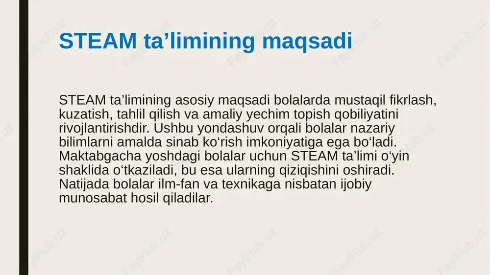 ‘nalishni bir vaqtda o‘zlashtiradilar. bu esa kompleks tafakkurni rivojlantiradi. xulosa xulosa qilib aytganda, steam ta’lim texnologiyasi maktabgacha yoshdagi bolalarni har tomonlama rivojlantirishda muhim o‘rin tutadi. u bolalarda fanga, san’atga, texnikaga va hayotiy muammolarni hal etishga qiziqish uyg‘otadi. amaliy yondashuv orqali o‘quv jarayoni samarali, jonli va esda qolarli bo‘ladi. shunday qilib, steam texnologiyalarini ta’limga keng tatbiq etish kelajak avlodni ijodkor va tafakkurli qilib tarbiyalaydi. image1.png image2.jpeg image3.jpeg image4.jpeg image5.jpeg /docprops/thumbnail.jpeg