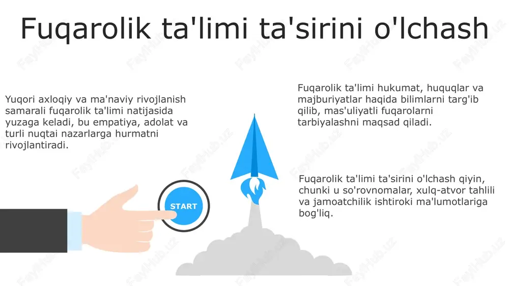 etika qadriyatlarni o'qitish kuchli axloqiy kompas va etik qaror qabul qilish ko'nikmalarini rivojlantirish. fuqarolik majburiyatlarini tushunish va faol fuqarolarning rivojlanishi. talabalarda mehr-shafqat, hurmat va ijtimoiy javobgarlikni shakllantirish. s w o t swot e'tiboringiz uchun rahmat @taqdimot_robot image1.jpeg image2.jpeg image3.jpeg image4.jpeg