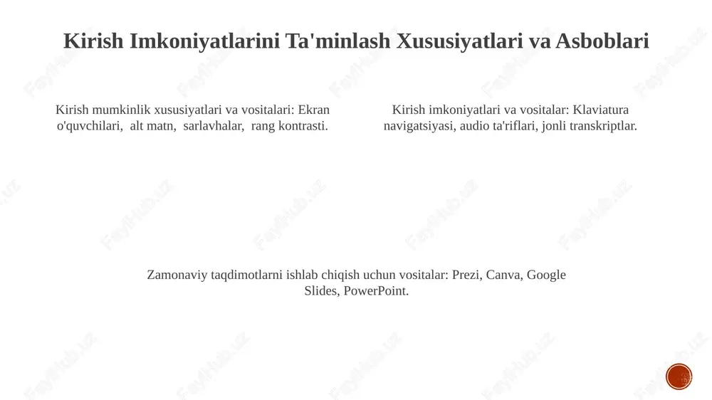 v elementlar kabi ilg'or xususiyatlarni taklif etadi. ijtimoiy tarmoqlarga integratsiya va ulashish ijtimoiy media tahlillaridan foydalanib, auditoriyangiz haqida ma'lumot oling. real vaqtda tomoshabinlar bilan o'zaro aloqa va hamkorlikni osonlashtirish. taqdimotlarga ijtimoiy media kontentini to'g'ridan-to'g'ri joylashtiring. yangi texnologiyalar va tendentsiyalar sun'iy intellekt bilan ishlaydigan prezentatsiya dasturlari virtual va kengaytirilgan reallik integratsiyasi. interaktiv ma'lumotlar vizualizatsiyasi taqdimot xavfsizligi va nazorati taqdimotlarni ishlab chiqish uchun zamonaviy vositalar: taqdimotlarni yaratish va etkazishni yaxshilash uchun dasturlar va platformalardan foydalanish. zamonaviy vositalarning asosiy xususiyatlari: hamkorlik, bulut saqlash, multimedia integratsiyasi va ma'lumotlarni vizualizatsiya qilish. zamonaviy vositalarning asosiy xususiyatlari: hamkorlik, bulut saqlash, multimedia integratsiyasi va ma'lumotlarni vizualizatsiya qilish. prezentatsiya avtomatlashtirish va jadvallashtirish ilg'or xususiyatlar bilan jalb qilishni va samaradorlikni oshiring. zamonaviy vositalar prezentatsiya yaratish va hamkorlikni soddalashtiradi. prezentatsiya yetkazib berish va jadvalini avtomatlashtirish. video tahrirlash va animatsiya dinamik vizual: qiziqarli animatsiya va video elementlar tushunishni va eslab qolishni yaxshilaydi. interaktiv hikoya aytish: videolar va animatsiyalar ma'lumotlarni jonlantirib, statik taqdimotlarni …