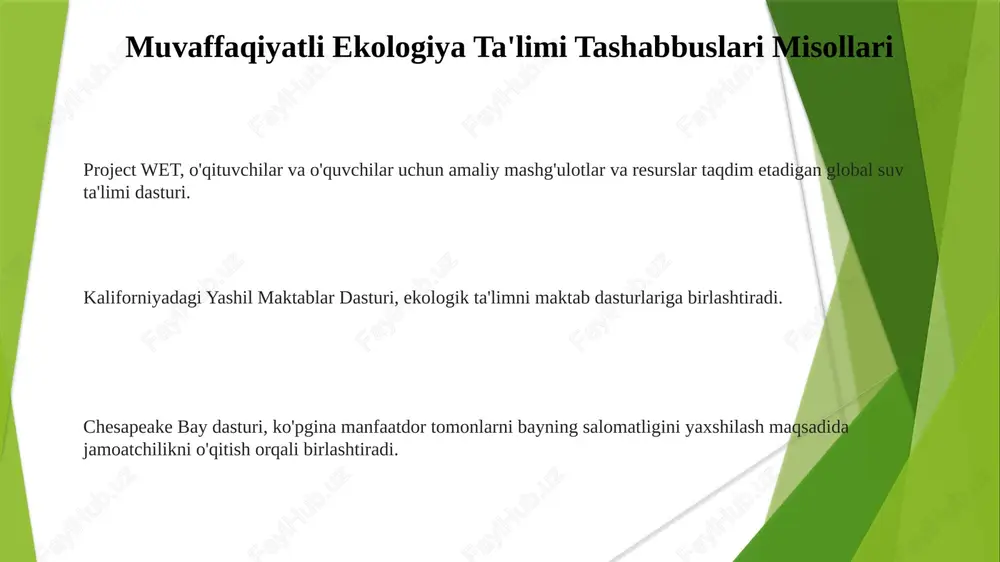 ing ustunlari ekologik qadriyatlar va munosabatlar: atrof-muhitni muhofaza qilishga mas'uliyat va sadoqat tuyg'usini shakllantirish. ekologik bilim: atrof-muhit masalalari haqida ilmiy va texnik bilimlarni olish. ekologiya haqida xabardorlik: atrof-muhit va inson harakatlarining o'zaro bog'liqligini tushunish. e'tiboringiz uchun rahmat @taqdimot_robot