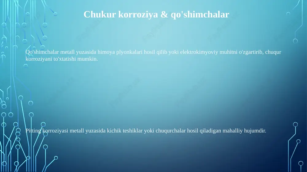 rli ta'sir ko'rsatadi, film hosil bo'lishi, passivlash va mahalliy korroziya kabi omillarga ta'sir qiladi. korroziyaga chidamli qotishmalarni tanlash va loyihalashtirishni optimallashtirish uchun bashorat qiluvchi modellar va hisoblash vositalarini ishlab chiqish kelajakdagi taraqqiyot uchun juda muhim. qo'shimchalar turlari modifikatorlar: qotishmaning yuzasining xususiyatlarini o'zgartiradi, bu uning korroziyaga chidamliligini ta'sir qiladi. inhibitorlar: himoya qatlamlar hosil qilib korroziyani sekinlashtiradi yoki oldini oladi. korroziya tezlatgichlari: korroziya jarayonini tezlashtiradi, ko'pincha sinovlar uchun nazorat qilinadigan muhitda qo'llaniladi. stress korroziya yoriqlari va qo'shimchalar ba'zi qo'shimchalar korroziyaga chidamliligini oshirishi mumkin, boshqalari esa qotishma va muhitga qarab uni tezlashtirishi mumkin. qo'shimchalar himoya qatlamlar hosil qilish, elektrokimyoviy potentsialni o'zgartirish yoki sirt morfologiyasini o'zgartirish orqali korroziyaga ta'sir qilishi mumkin. stress korroziya yorilishi - bu choʻziluvchan kuchlanish va korroziv muhitning oʻzaro taʼsiri natijasida yuzaga keladigan yorilish mexanizmi. e'tiboringiz uchun rahmat @taqdimot_robot image1.png image2.png image3.png image4.png image5.png