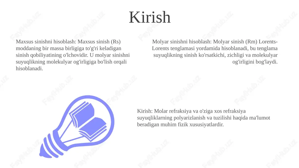 kabi xususiyatlarga ta'sir qiladi. molyar refraktsiya molekulaning polyarizlanish qobiliyati va yorug'likni sindirish qobiliyatiga bog'liq. o'ziga xos sinish - bu molyar sinishni zichlikka bo'lish natijasi bo'lib, sinish kuchining standartlashtirilgan o'lchovini beradi. lorentz-lorenz tenglamasi 01 02 03 lorentz-lorenz tenglamasi moddaning sindirish ko'rsatkichini uning zichligi va molyar sindirish qobiliyatiga bog'laydi. molyar refraktsiya moddaning o'ziga xos refraktsiyasini uning molekulyar og'irligiga ko'paytirish orqali hisoblanadi. maxsus refraktivlikni hisoblash uchun sindirish ko'rsatkichining kvadratidan 1 ni ayirib, natijani sindirish ko'rsatkichining kvadratidan 2 ga qo'shib, keyin hosil bo'lgan natijani zichlikka bo'lish kerak. sales 1st qtr 2nd qtr 100 0 sales 1st qtr 2nd qtr 100 0 sales 1st qtr 2nd qtr 100 0 molekulyar tuzilmani aniqlash molar refraktsiyani molyar massaga bo'lib, suyuqlikning birlik massasiga nisbatan sindirish qobiliyatini o'lchaydigan o'ziga xos refraktsiyani toping. molyar sinishni hisoblash: suyuqlikning molyar sinishini aniqlash uchun sinish ko'rsatkichi, zichlik va molyar massani bog'laydigan lorentz-lorenz tenglamasidan foydalaning. molekulyar tuzilmani aniqlash: spektroskopiya (ir, nmr, uv-vis) va difraksiya …