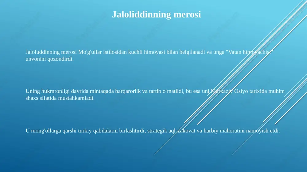 yerlarni dehqonlarga qayta taqsimladi va soliqlarni kamaytirdi. yangi pul tizimini joriy qildi, iqtisodiyotni barqarorlashtirdi va savdoni rivojlantirdi. kümüş dinorni qaytadan joriy qilib, savdo va iqtisodiy o'sishni rag'batlantirdi. xulosa manguberdi'ning merosi - vatanini mo'g'ullar hukmronligidan qutqargan jasur va qat'iy himoyachi merosi. u u kuchli va xarizmatikli lider bo'lib, xalqini ozodlik uchun kurashishga ilhomlantirgan. jaloluddin manguberdi, mo'g'ullar istilosidan o'z vatanini muvaffaqiyatli himoya qilgan ajoyib harbiy strateg edi. moʻgʻul tahdid u chingizxon va uning vorislariga qarshi qattiq qarshilik ko'rsatib, o'z vatanini mo'g'ullar istilosidan himoya qildi. manguberdi g'olib bo'lmaslikka qaramay, harbiy iste'dodi va strategik aql-idrokining tufayli "vatan himoyachisi" unvoniga sazovor bo'ldi. 13-asrda markaziy osiyoga mongol bosqini qarshi kurashgan turkiy jangchi jalaliddin manguberdi edi. jaloliddin xalq madaniyatida jaloluddin özbek madaniyatida mashhur shaxs, ko'pincha milliy qahramon sifatida tasvirlanadi. 2008-yilda chiqarilgan "jaloluddin manguberdi - vatan himoyachisi" filmi uning hayoti va jasoratlarini aks ettiradi. 2008-yilda chiqarilgan "jaloluddin manguberdi - vatan himoyachisi" filmi uning hayoti va jasoratlarini aks ettiradi. …