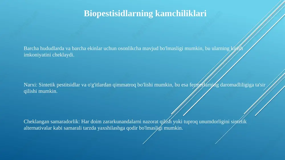 igi va oziq-ovqat iste'moli uchun xavfsizroq. barqaror qishloq xoʻjaligi: bioxilma-xillikni va tuproq sogʻligʻini targʻib qiling. bioo'g'itlar: o'simliklarga oziq moddalarni yaxshiroq olish imkonini beradigan mikroorganizmlar. biopestisidlar va bioo'g'itlar: sintetik pestitsidlar va o'g'itlarga ekologik alternativa. bioo'g'itlar: rizobium, azospirillum, fosfobakteriyalar. o'simlik kasalliklariga qarshi kurashish va hosildorlikni tabiiy yo'l bilan oshirish. tuproq unumdorligini oshirish va sintetik o'g'itlarga bog'liqlikni kamaytirish. zararli kimyoviy moddalarsiz zararkunanda nazorati, barqaror qishloq xo'jaligini targ'ib qilish. xulosa bioo'g'itlar tuproq unumdorligini oshiradi va sintetik o'g'itlarga bog'liqlikni kamaytiradi. bioo'g'itlar tuproq unumdorligini oshiradi va sintetik o'g'itlarga bog'liqlikni kamaytiradi. bioo'g'itlarning qo'llanilishi tuproq unumdorligini va o'simlik o'sishini oziq moddalar mavjudligini oshirish orqali yaxshilang. sintetik o'g'itlarga bog'liqlikni kamaytirish, barqaror qishloq xo'jaligini rag'batlantirish. o'simlik kasalliklari va zararkunandalarini bostirish, hosil miqdorini va sifatini yaxshilash. bioo'g'it turlari bioo'g'itlar tuproq unumdorligini oshiradi va kimyoviy o'g'itlarga bo'lgan ehtiyojni kamaytiradi. azotni fiksatsiyalovchi, fosfat erituvchi va kaliyni harakatga keltiruvchi bioo'g'itlar. biopestitsidlar ham, bioo'g'itlar ham sintetik kimyoviy moddalarga nisbatan atrof-muhitga qulay alternativdir. bioo'g'itlar tuproq unumdorligini …