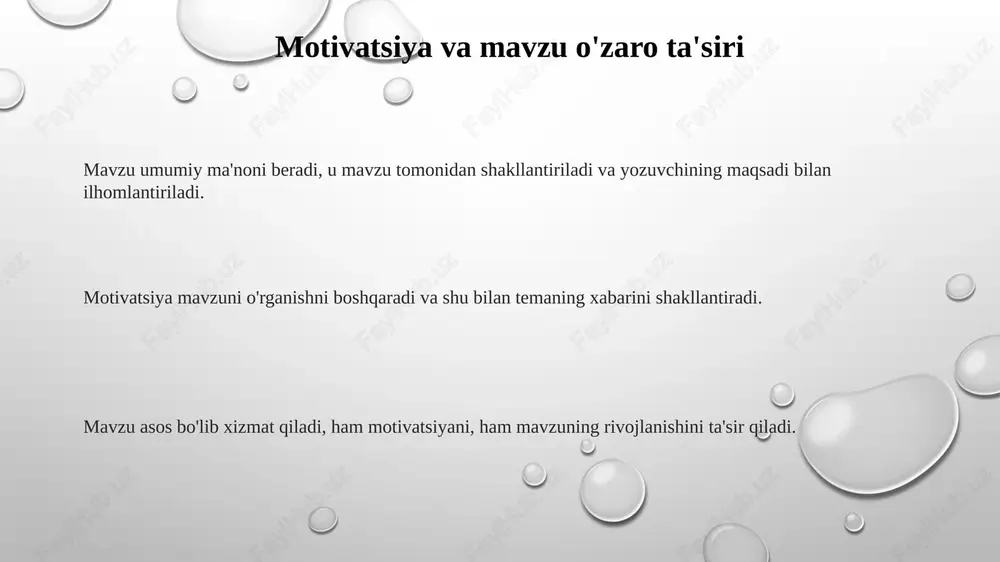 i. mavzu o'zaro ta'sirning o'yinidan chiqib, yashirin xabarni ochib beradi. mavzu birlashtiruvchi g'oya sifatida mavzu - bu asarning asosiy mavzusi, motiv esa muallifning uni yozishdagi sababi. tema asarning ma'nosi va maqsadini boshqaradigan birlashtiruvchi g'oyadir. mavzu va motivning o'zaro ta'siri natijasida mavzu paydo bo'lib, universal tushuncha yoki xabarni taklif etadi. san'atda mavzu, motivatsiya va tema asar tomonidan yetkazilgan asosiy xabar yoki g'oya. motivatsiya: rassomning asar yaratishdagi shaxsiy sabablari. san'at asarida tasvirlangan mavzu. motivatsiya harakatlantiruvchi kuch hikoyaning asosiy xabari markaziy motivdan kelib chiqadi. motivatsiya harakatni yoqib yuboradi, xarakterlarni harakatga keltiradi va syujetni shakllantiradi. mavzu motivatsiyani va uning ta'sirini o'rganish uchun muhit va kontekstni taqdim etadi. e'tiboringiz uchun rahmat @taqdimot_robot image1.png image2.png image3.png