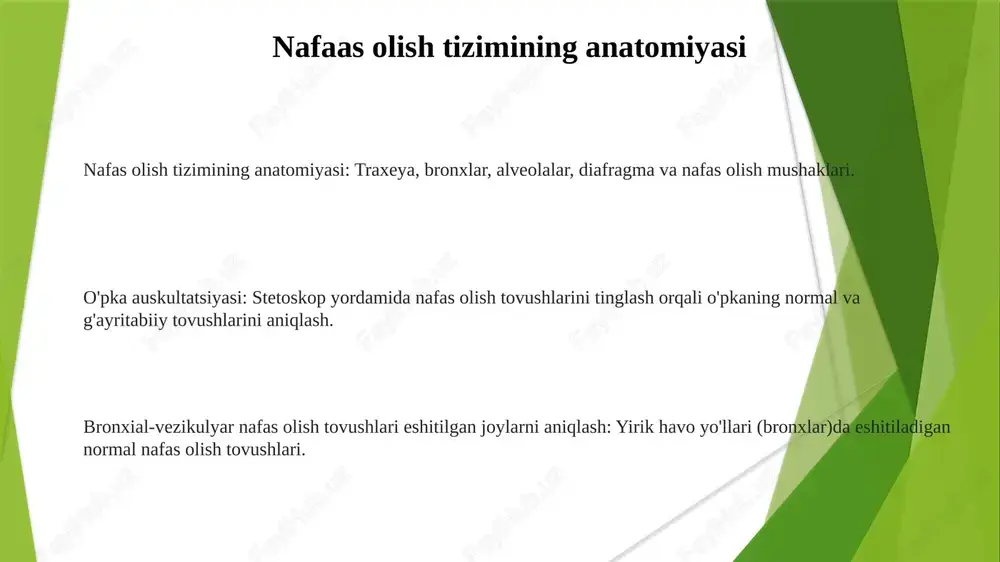 aniqlash, ko'pincha nafas yo'llarining tiqilib qolishini bildiradi. bronx-vesikulyar nafas olish tovushlari: xususiyatlari va joylashuvi bronxovesikulyar nafas ovozlari ko'krakning old va orqa tomonlarida 1-va 2-qovurg'alararo bo'shliqlarida, shuningdek, supraklavikulyar sohada eng yaxshi eshitiladi. stridor - nafas olish paytida eshitiladigan baland ovozli, hushtakka o'xshash tovush bo'lib, nafas yo'llarining tiqilib qolganligini ko'rsatadi. bronxovesikulyar nafas ovozlari asosan yirik nafas yo'llari, masalan, yuqori bo'laklar va asosiy bronxlar ustida eshitiladigan bronxial va vesikulyar ovozlarning kombinatsiyasi hisoblanadi. stridorni aniqlash yuqori ko'krak qafasida eshitiladigan, bronxial va vezikulyar xususiyatlarning birikmasiga ega bo'lgan ovozlarni aniqlash. o'pka avskultatsiyasi: o'pkadagi tovushlarni, jumladan nafas olish tovushlarini, g'ijimlarni va xirillashni tinglash uchun stetoskopdan foydalaning. stridorni aniqlash: nafas olish vaqtida, ko'pincha nafas olishda, baland ovozli, shovqinli nafas olishni tinglang. xulosa va xulosalar bronxial va vezikulyar nafas olish tovushlari eshitiladigan joylarni aniqlang. o'pka tovushlarini normal yoki anormalligini aniqlash. o'pka tovushlarini tinglab stridorni aniqlang. e'tiboringiz uchun rahmat @taqdimot_robot