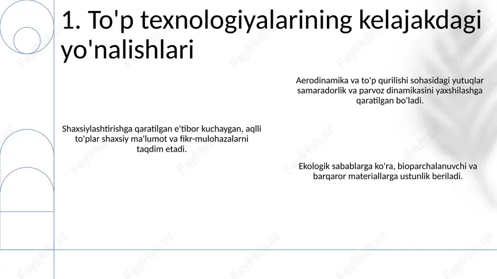 a masofaga ta'sir qiladi. 10. yuzaki ishqalanish va to'p aylanishi namlik: to'p yuzasining ishqalanish va aerodinamikasiga ta'sir qilishi mumkin. harorat: to'pning elastikligini va sakrashini ta'sir qiladi. havo zichligi: to'pning uchishini, aylanishini va masofasiga ta'sir qiladi. 11. to'pning ishlashini ta'sir qiluvchi ekologik omillar to'p ishlab chiqarishda atrof-muhitga ta'sirini kamaytirish uchun barqaror materiallardan tobora ko'proq foydalanilmoqda. to'p ishlab chiqaruvchilar ishlab chiqarish jarayonida uglerod izini va energiya sarfini kamaytirishga e'tibor qaratmoqdalar. biologik tarqaladigan va qayta ishlangan materiallar to'p dizaynlariga kiritilmoqda. 12. barqarorlik va to'p dizayni ishlab chiqarish jarayonlari chiqindilar va chiqindilarni hosil qiladi. resurslarni qazib olish va qayta ishlash atrof-muhitga ta'sir qiladi. eski to'plarni tashlash chiqindixonalarni to'ldirishga hissa qo'shadi. 13. to'p ishlab chiqarishning ekologik ta'siri harorat to'pning elastikligi va sakrashini ta'sir qiladi. namlik to'pning og'irligiga va uchishiga ta'sir qilishi mumkin. shamol to'pning traektoriyasi va masofasi ta'sir qilishi mumkin. 14. havo sharoitlari va to'pning harakati e'tiboringiz uchun rahmat @taqdimot_robot image1.png image2.png image3.png image4.png image5.png …