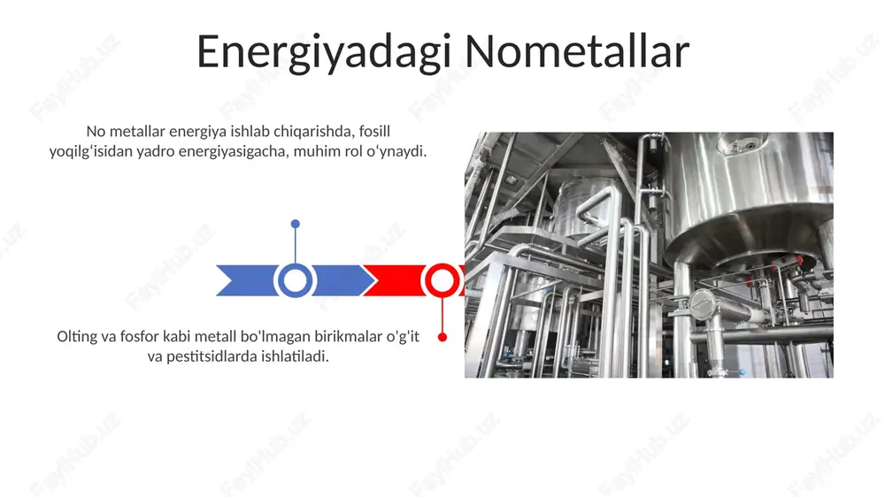 ing o'sishi va unumdorligida muhim rol o'ynaydi. oltinga kabi metall boʻlmaganlar, fosfor va kremniy kosmetika vositalarida namlovchi, peeling qiluvchi va antioksidant xususiyatlari uchun ishlatiladi. no metallarning tasnifi tasniflash: metallmasallar galogenlar, olijanob gazlar va boshqalarga bo'linadi. materiallar: oddiy metall boʻlmagan materiallarga uglerod, oltingugurt, fosfor va azot kiradi. quruvchilikda nometallar no metallar o'zining ko'p qirrali, iqtisodiy jihatdan samarali va ishlashi xususiyatlari tufayli qurilishda muhim ahamiyatga ega. shisha, beton va plastik kabi metallmas materiallar izolyatsiya, chidamlilik va engil qurilish materiallari sifatida xizmat qiladi. e'tiboringiz uchun rahmat @taqdimot_robot image4.jpg image5.jpg image6.jpg image7.jpg image8.jpg image9.jpg image10.jpg image11.jpg image12.jpg image13.jpg image14.jpg image15.jpg image16.jpg image17.jpg image3.png image18.jpg image19.jpg image20.jpg image1.jpeg image2.jpeg