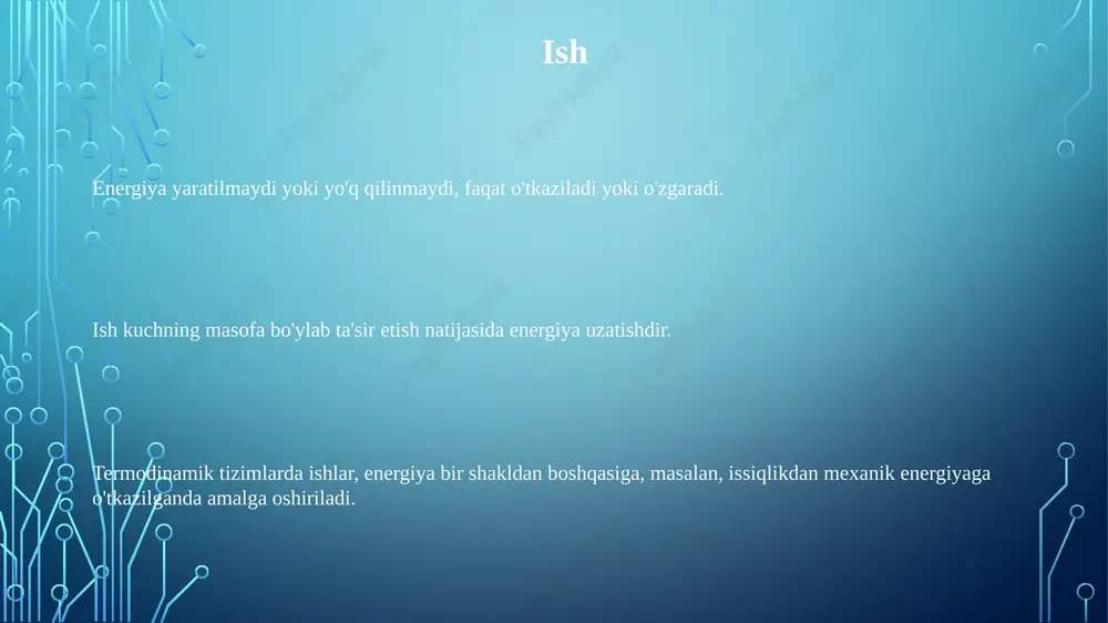 q qilinmaydi, faqat o'tkaziladi yoki o'zgaradi. bu qonunni δu = q - w deb ifodalash mumkin, bu erda δu ichki energiyaning o'zgarishi, q tizimga qo'shilgan issiqlik va w tizim tomonidan bajarilgan ishni anglatadi. birinchi qonun tenglamasi birinchi qonun tenglamasi energiya o'zgarishlari va saqlanishini boshqaradigan fizika sohasidagi asosiy printsiplarni ifodalaydi. energiya yaratilmaydi yoki yo'q qilinmaydi, faqat o'tkaziladi yoki o'zgaradi. energiya yaratilmaydi yoki yo'q qilinmaydi, faqat o'tkaziladi yoki o'zgaradi. kirish yopiq tizimning umumiy energiyasi doimiy bo'lib qoladi. termodinamikaning birinchi qonuni: energiya yaratilmaydi yoki yo'q qilinmaydi, faqat o'tkaziladi yoki o'zgaradi. kirish: termodinamika jismoniy tizimlardagi energiya o'zgarishlarini o'rganadi. izobarik jarayonlar energiya yaratilmaydi yoki yo'q qilinmaydi, faqat o'tkaziladi yoki o'zgaradi. izobarik jarayonlar doimiy bosimda sodir bo'ladi, ya'ni hajm o'zgaradi, lekin bosim bir xil qoladi. ushbu matn tizimdagi issiqlik, ish va ichki energiya o'rtasidagi munosabatni tasvirlaydi. kalorimetriya kalorimetriya kimyoviy yoki fizikaviy jarayonlar davomida issiqlik oqimini o'lchash fanidir. kalorimetriya termodinamikaning birinchi qonunini reaksiya yoki jarayonda issiqlik o'zgarishini …