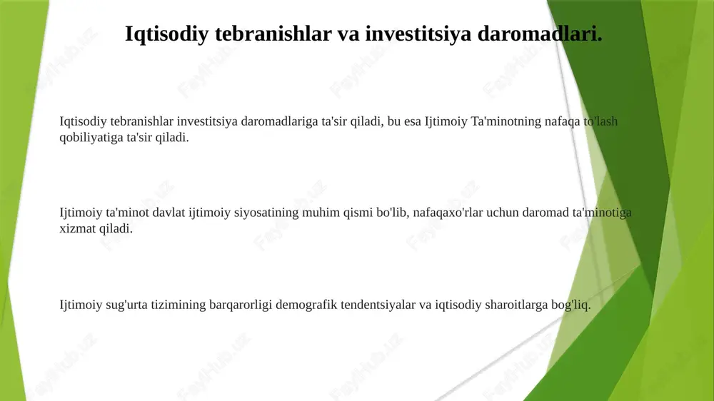 i bartaraf etish hamda pensiya rejalarini shakllantirishni o'z ichiga oladi. ishonch fondi boshqaruvi uzoq muddatli barqarorlikni ta'minlash uchun to'plangan aktivlarni mas'uliyatli investitsiya qilish va sarflashni o'z ichiga oladi. ijtimoiy sug'urta tizimi nafaqaxo'rlarga, nogironlarga va merosxo'rlarga moliyaviy yordam beradi, byudjet va resurslarni taqsimlashga ta'sir qilib, davlat ijtimoiy siyosatiga ta'sir qiladi. ijtimoiy sug'urta tizimi: umumiy ma'lumot davlat ijtimoiy siyosatiga ta'sir qiladi, foyda uchun minimal darajani belgilaydi va qo'shimcha yordamni rag'batlantiradi. pensionerlar va nogironlar uchun asosiy daromad manbai bo'lib xizmat qiladi. muayyan shaxslarga pensiya, nogironlik va o'lim to'g'risidagi nafaqalarni ta'minlaydi. aholining demografik o'zgarishlari va umr ko'rish davomiyligi ijtimoiy ta'minot davlat ijtimoiy siyosatining muhim qismi bo'lib, nafaqaxo'rlarga daromad ta'minoti beradi va umuman iqtisodiy barqarorlikka hissa qo'shadi. aholi tarkibining o'zgarishi (keksa yoshli aholi sonining ko'payishi, umr ko'rish davomiyligining oshishi) davlat ijtimoiy siyosatiga, xususan pensiya, sog'liqni saqlash va ijtimoiy xizmatlarga ta'sir qiladi. davlatlar barqarorlikni ta'minlash uchun moliyalashtirish, dasturlarni loyihalash va xizmatlarni yetkazib berishni hisobga olgan holda, …